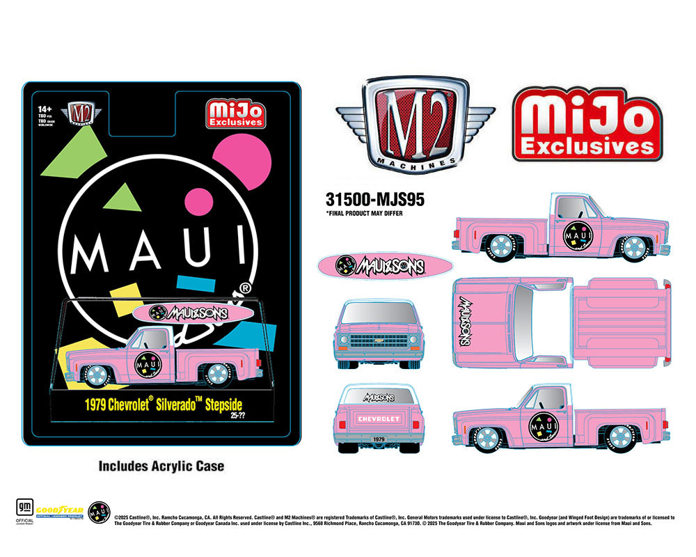 Preorder M2 Machines 1:64 1979 Chevrolet Silverado Stepside with Surfboard Maui & Son Pink MiJo Exclusives MJS95