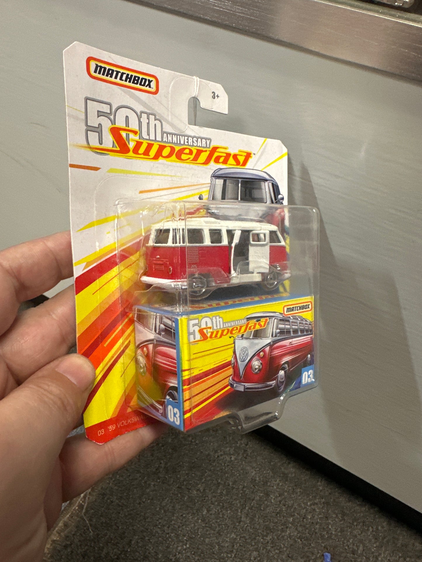 Matchbox 50th Anniversary Superfast #3 59 Volkswagen 23 Microbus Red/White crushed blister 173B