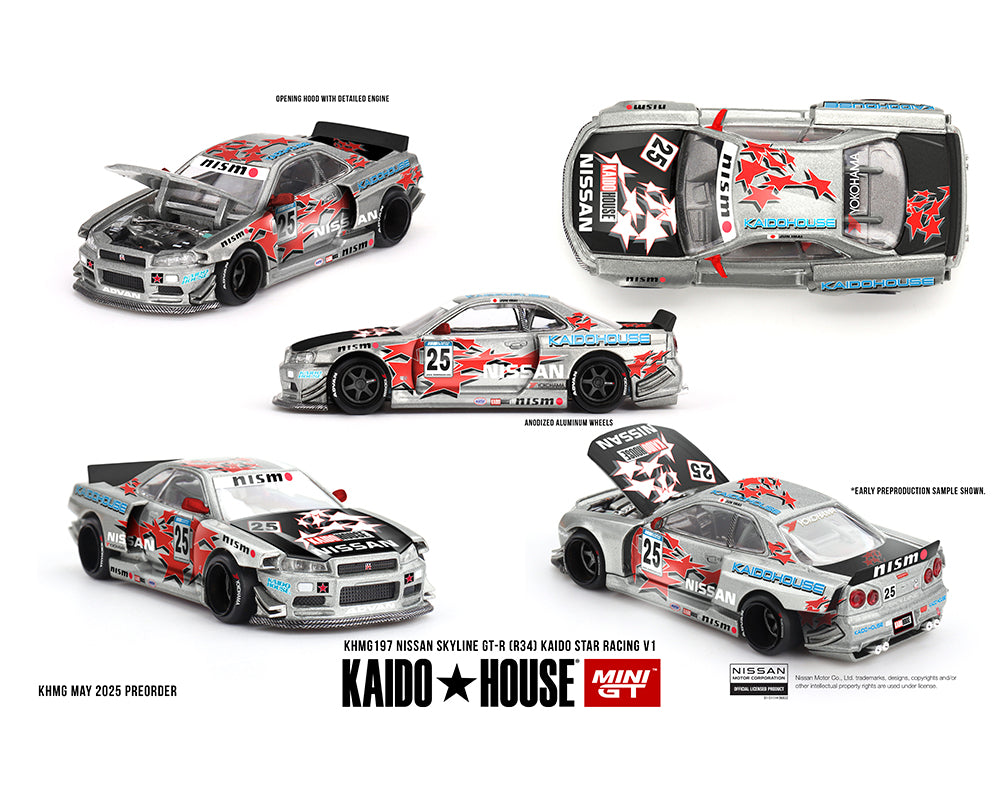 PREORDER Kaido House x Mini GT 1:64 Nissan Skyline GT-R R34 Kaido Star Racing V1- Silver #197