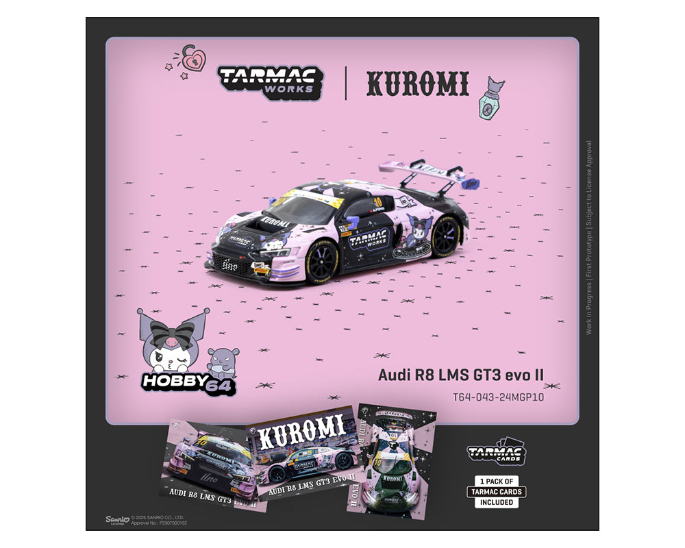 (Preorder) Tarmac Works 1:64 Audi R8 LMS GT3 evo II Kuromi – Uno Racing Macau GT Cup – FIA GT World Cup 2024 – Adderly Fong – Hobby64 & Tarmac Cards