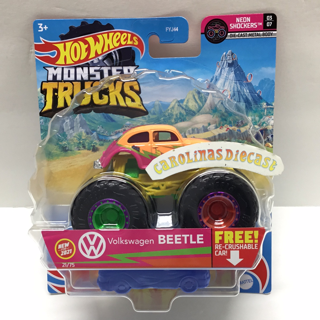 2021 Hot wheels monster Trucks Volkswagen Beetle 21/75 neon shockers 3/7  rare 130D