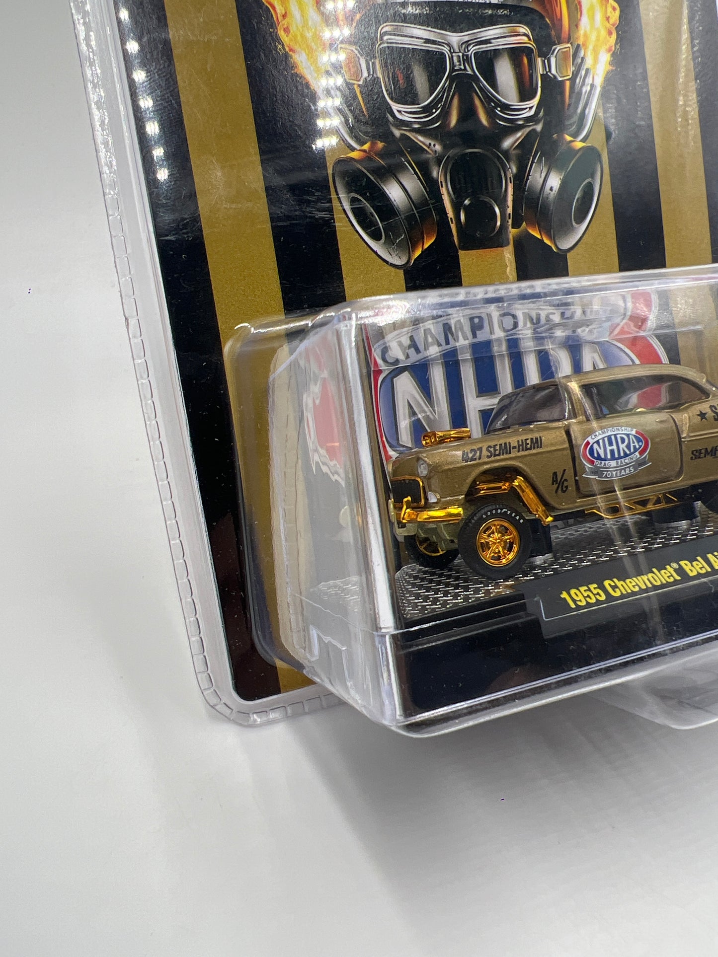 M2 Machines SEMA 2021 CHASE 1/400 NHRA 1955 Chevrolet Bel Air Gasser Gold FL05