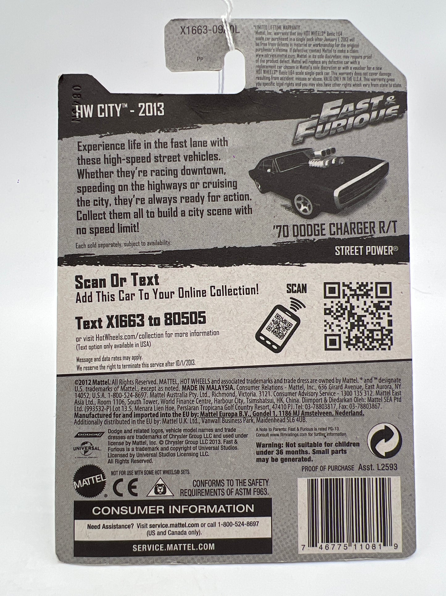 2013 Hot Wheels City #3 Fast & Furious 70 Dodge Charger R/T Black