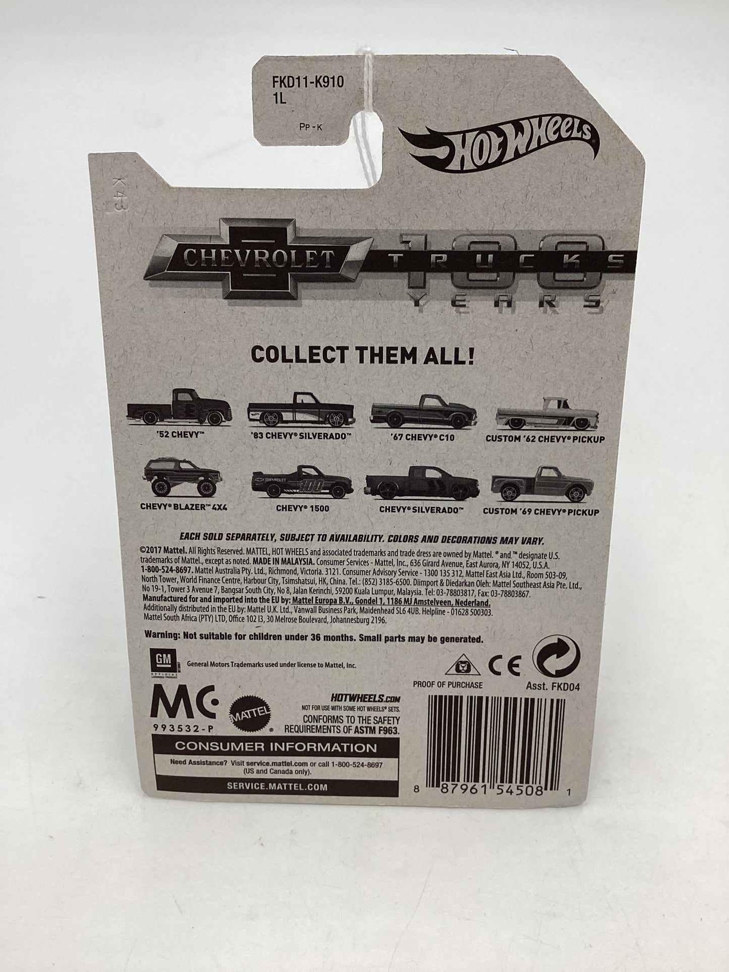Hot Wheels Walmart 100 Years Chevy #6 Chevy 1500 Blue 161S