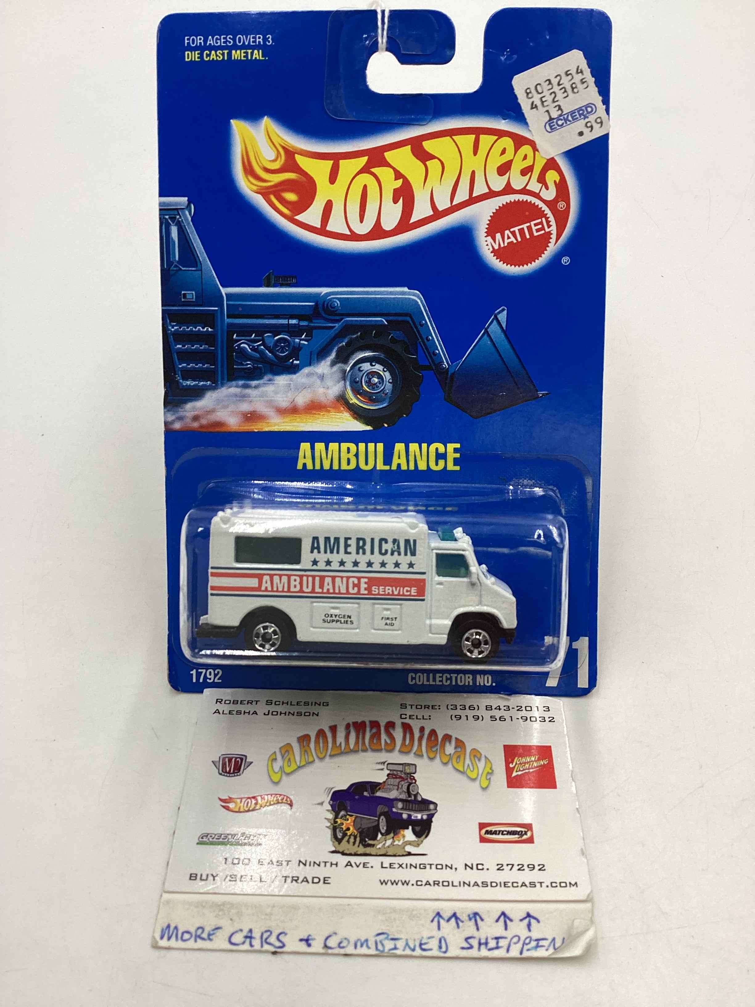 Hot Wheels Blue Card Collector No. 71 Ambulance White BW Wheels