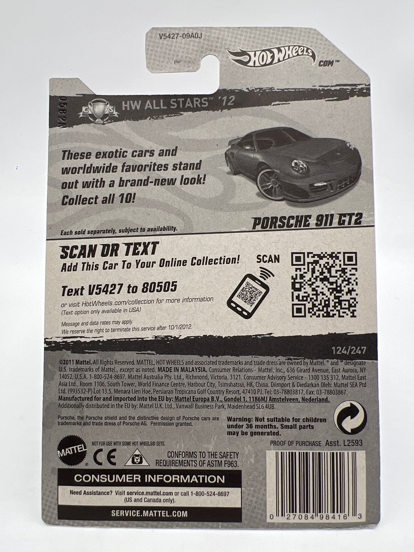 2012 Hot Wheels All Stars #124 Porsche 911 GT2 Blue W/Protector