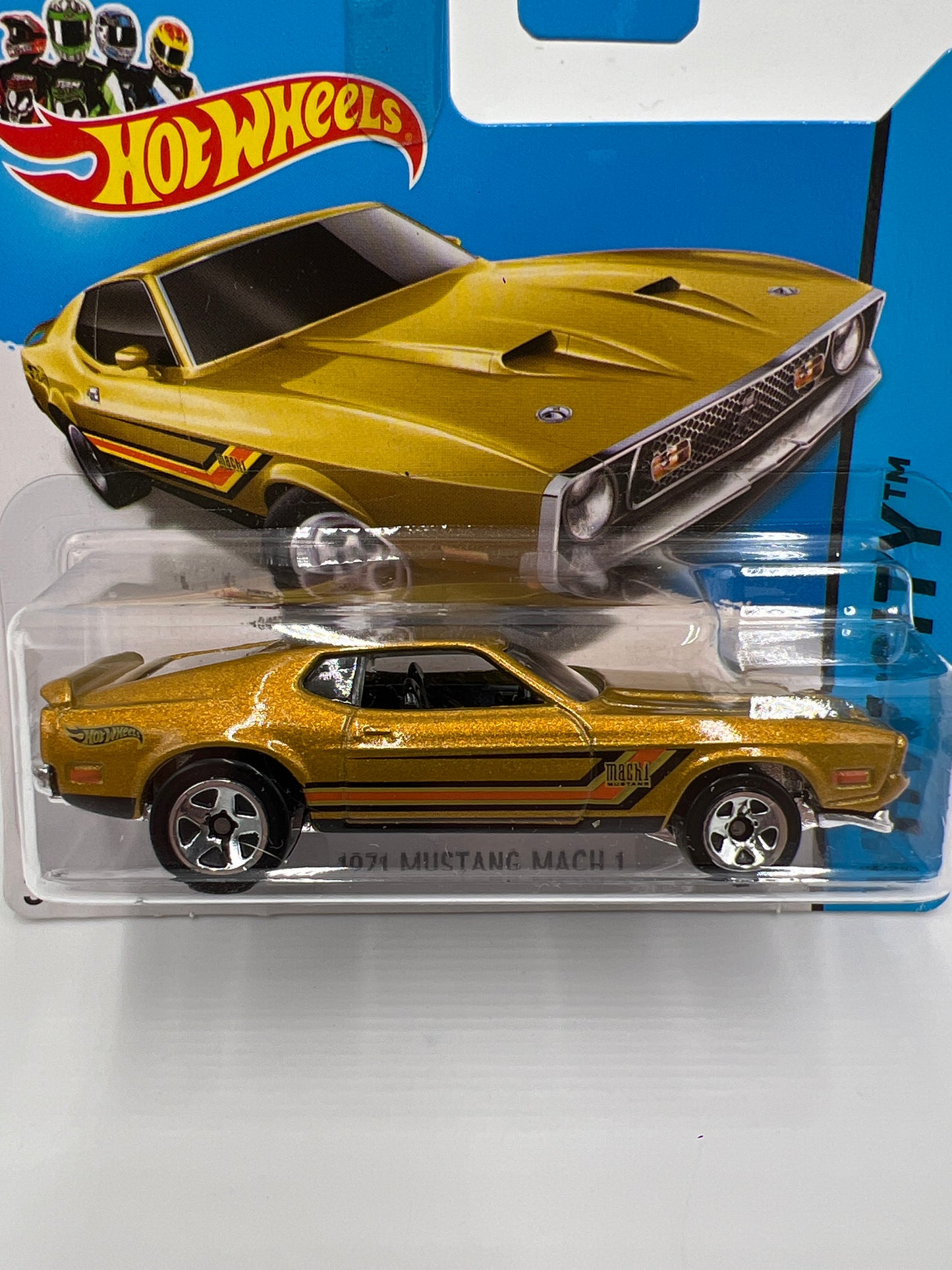 2014 Hot Wheels Short Card HW City #94 1971 Mustang Mach 1 Gold W/Protector 2