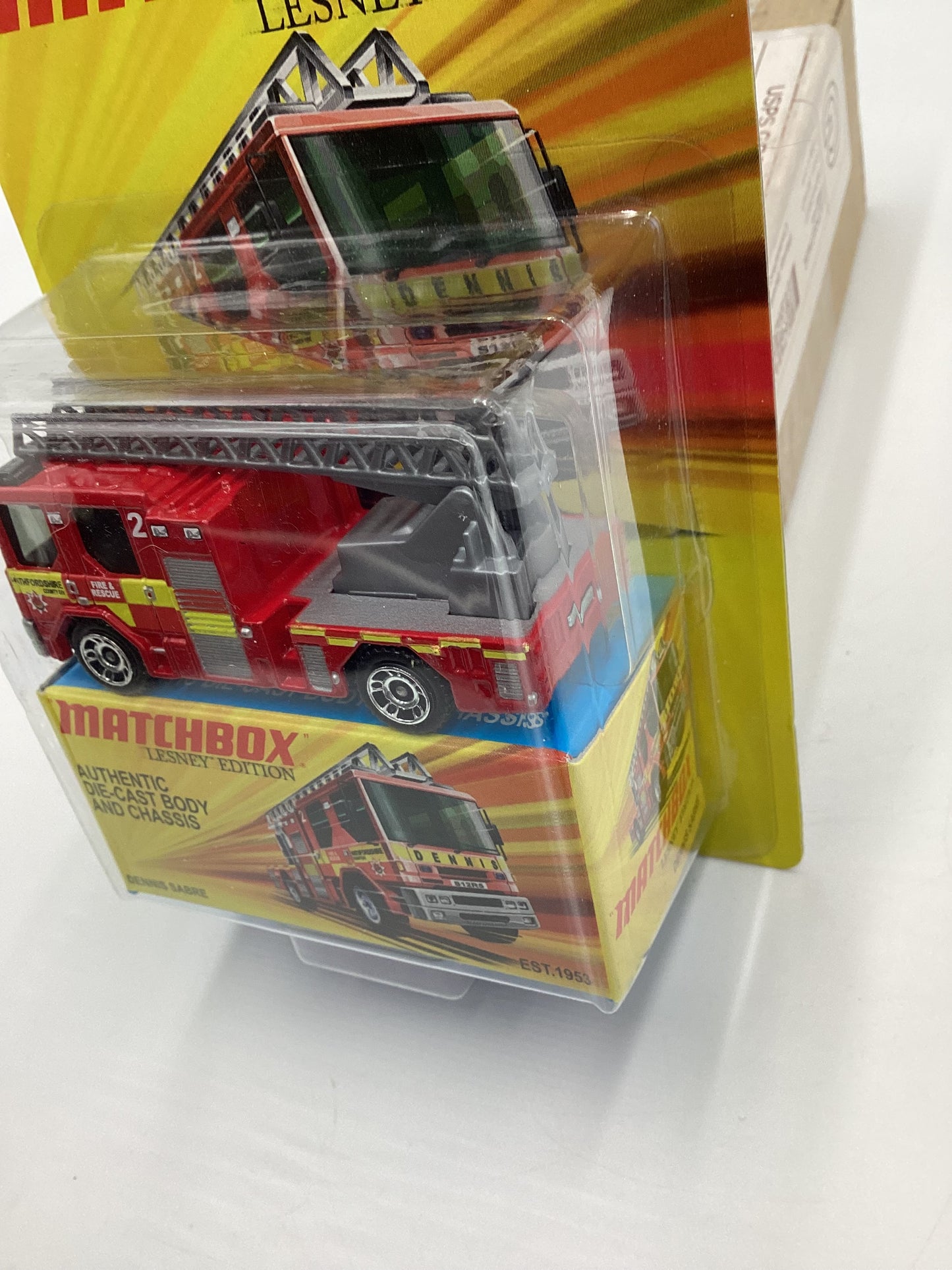 Matchbox Lesley Edition Dennis Sabre Fire Engine Red Back of Card Damage 169H