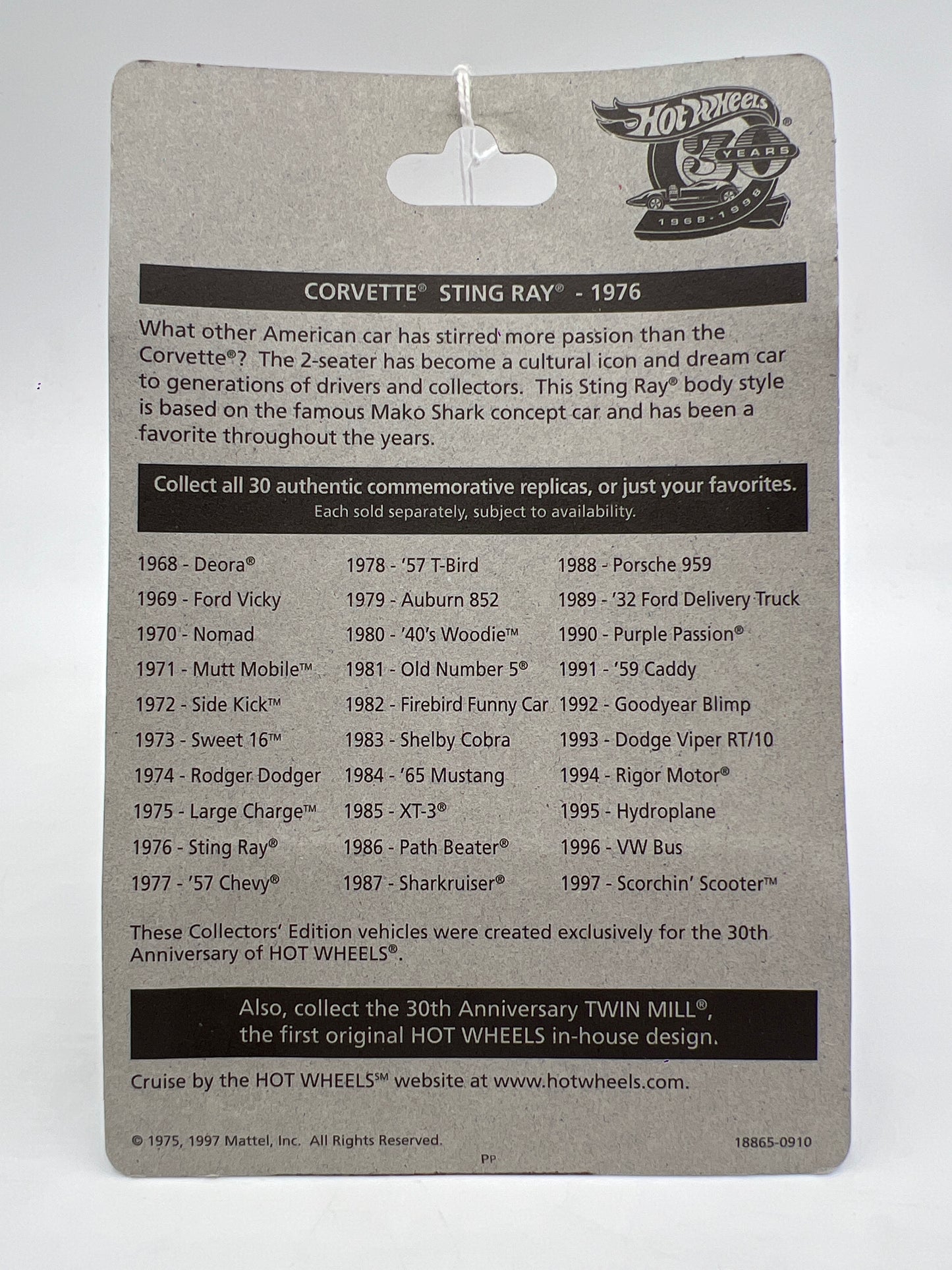 Hot Wheels 30 Years 1976 Authentic Commemorative Replica Flying Colors Corvette Sting Ray Red