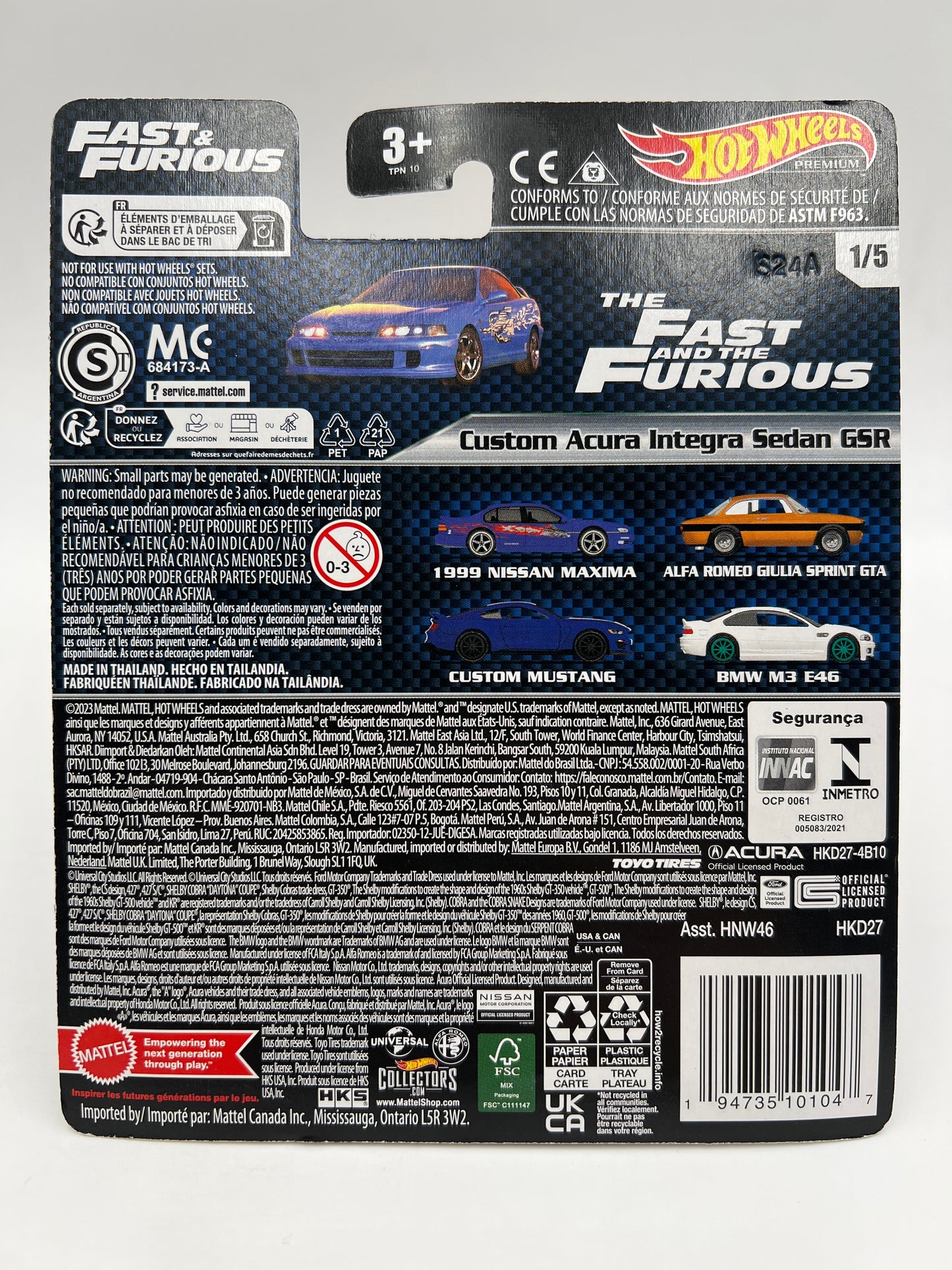 Hot Wheels Premium Fast & Furious #1 Custom Acura Integra Sedan GSR Blue 248F