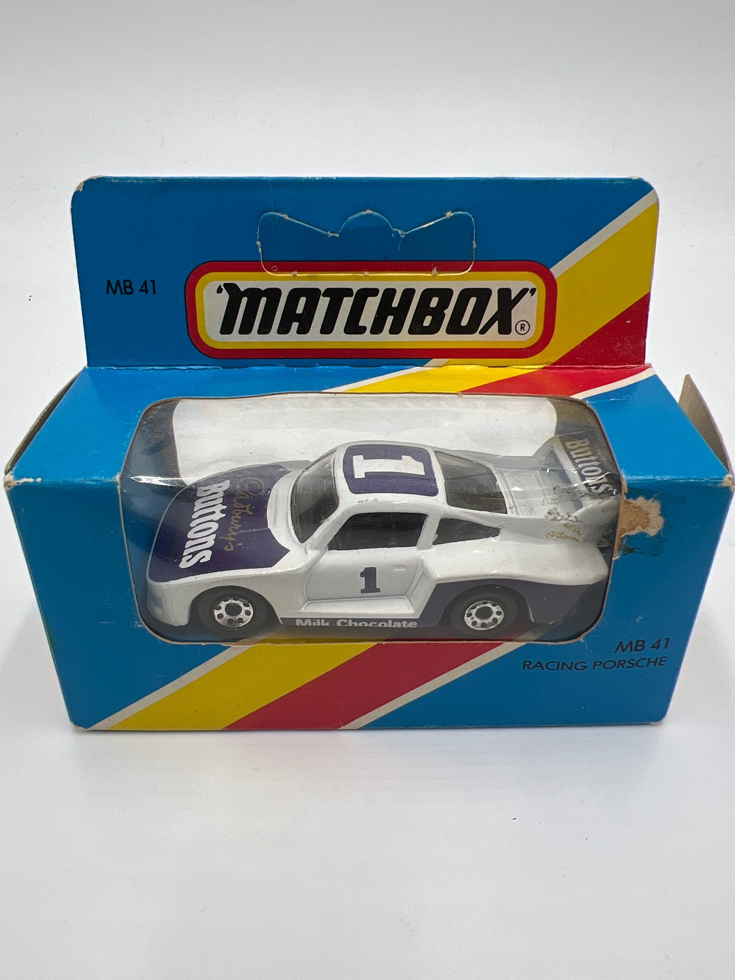 Matchbox Unpunched #41 Cadburys Buttons Racing Porsche 935 #1 White (Box Opened)