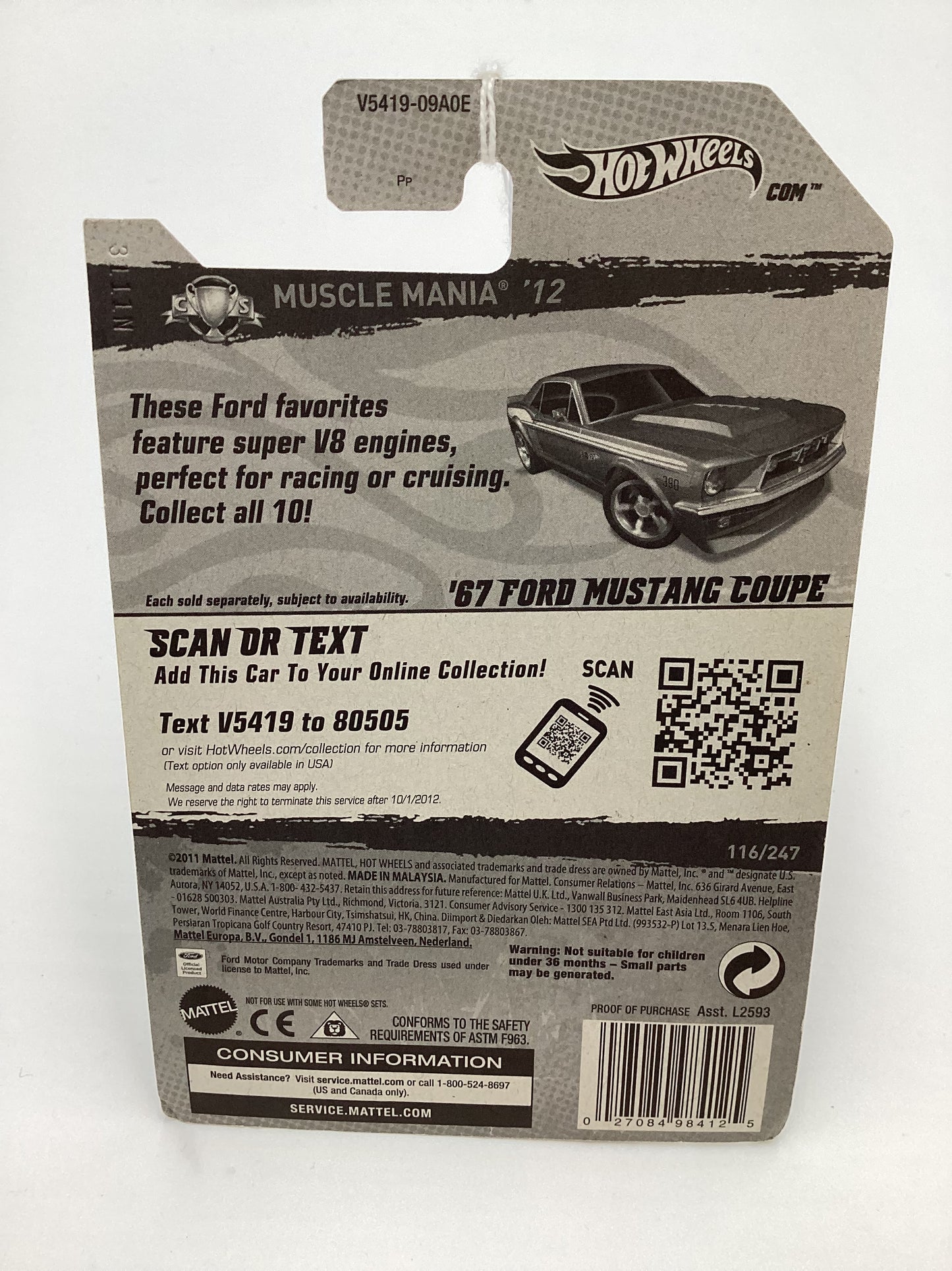 2012 Hot Wheels Ford #116 67 Ford Mustang Coupe Brown