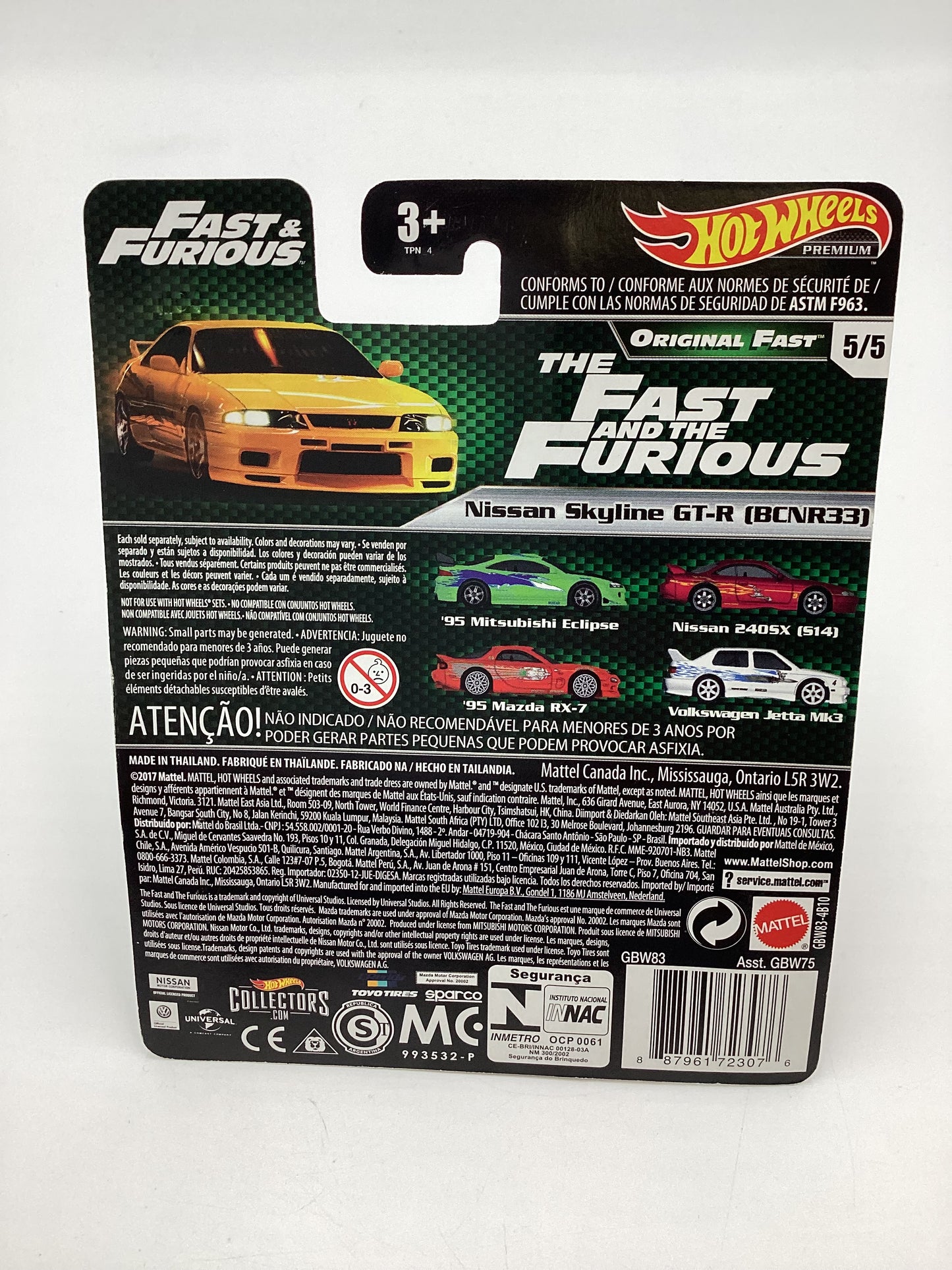 Hot Wheels Premium Fast & Furious Original Fast #5 Nissan Skyline GT-R BCNR33 Yellow W/Protector