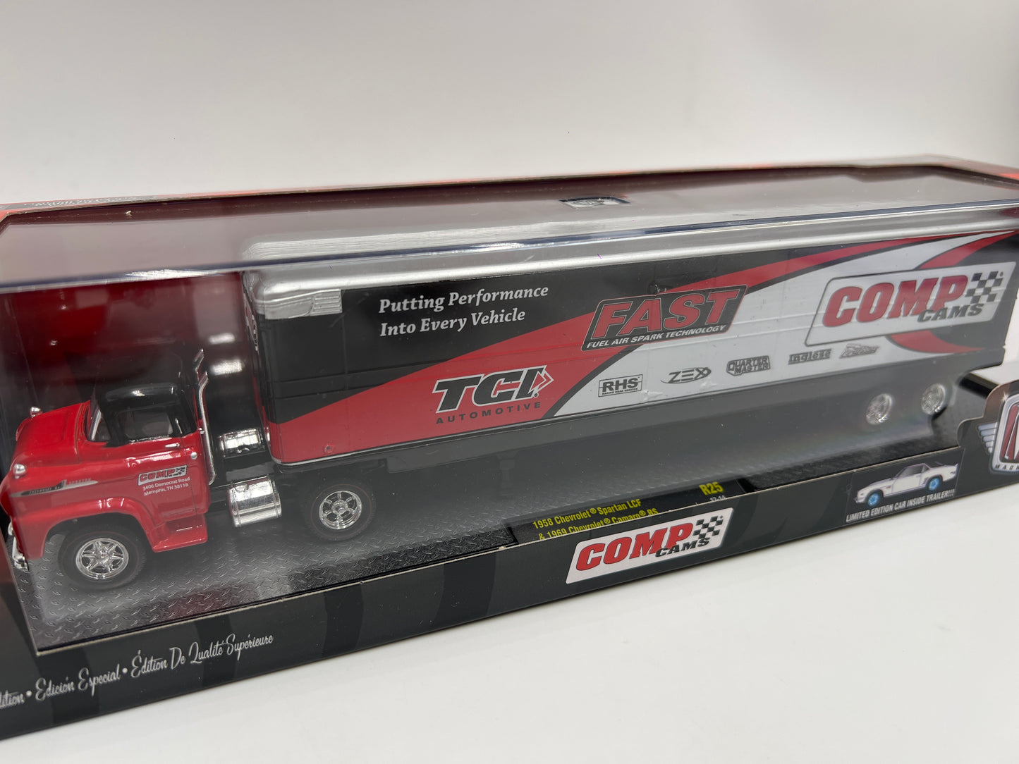 M2 Machines Auto Haulers Comp Cams 1958 Chevrolet Spartan LCF & 1969 Chevrolet Camaro RS R25