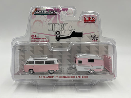 Greenlight Mijo Exclusives Hitch & Tow 1974 Volkswagen Type 2 T2 And 1958 Catolac Deville Trailer Pink VHTF
