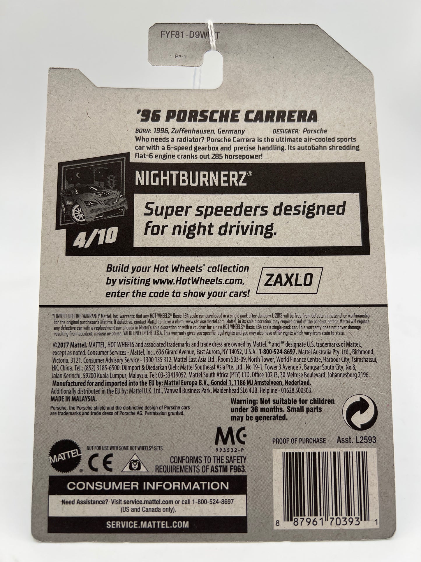 2019 Hot Wheels Month Card Nightburnerz #155 96 Porsche Carrera Blue 100C
