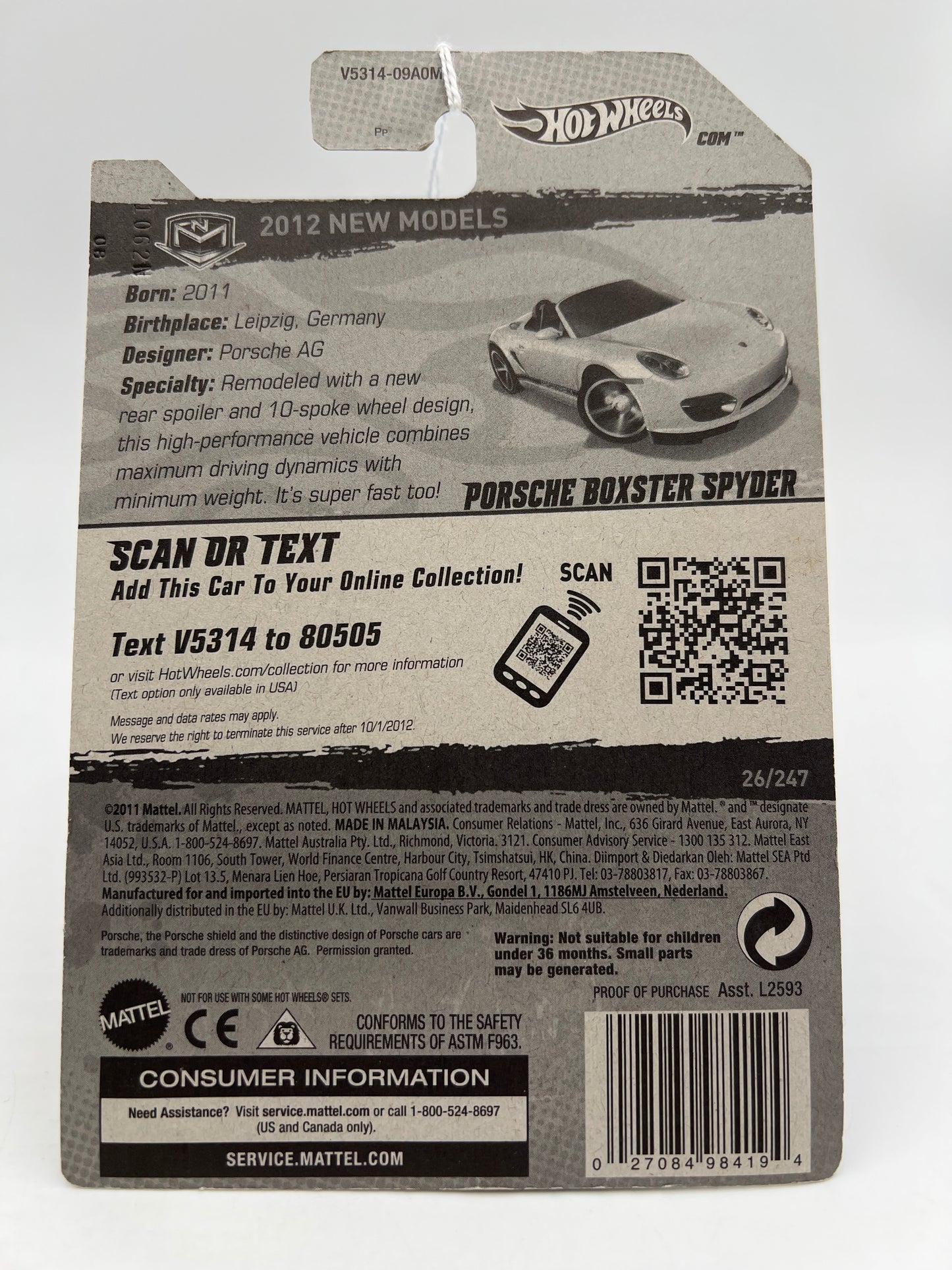 2012 Hot Wheels New Models #26 Porsche Boxster Spyder White Light Pink Windshield SR