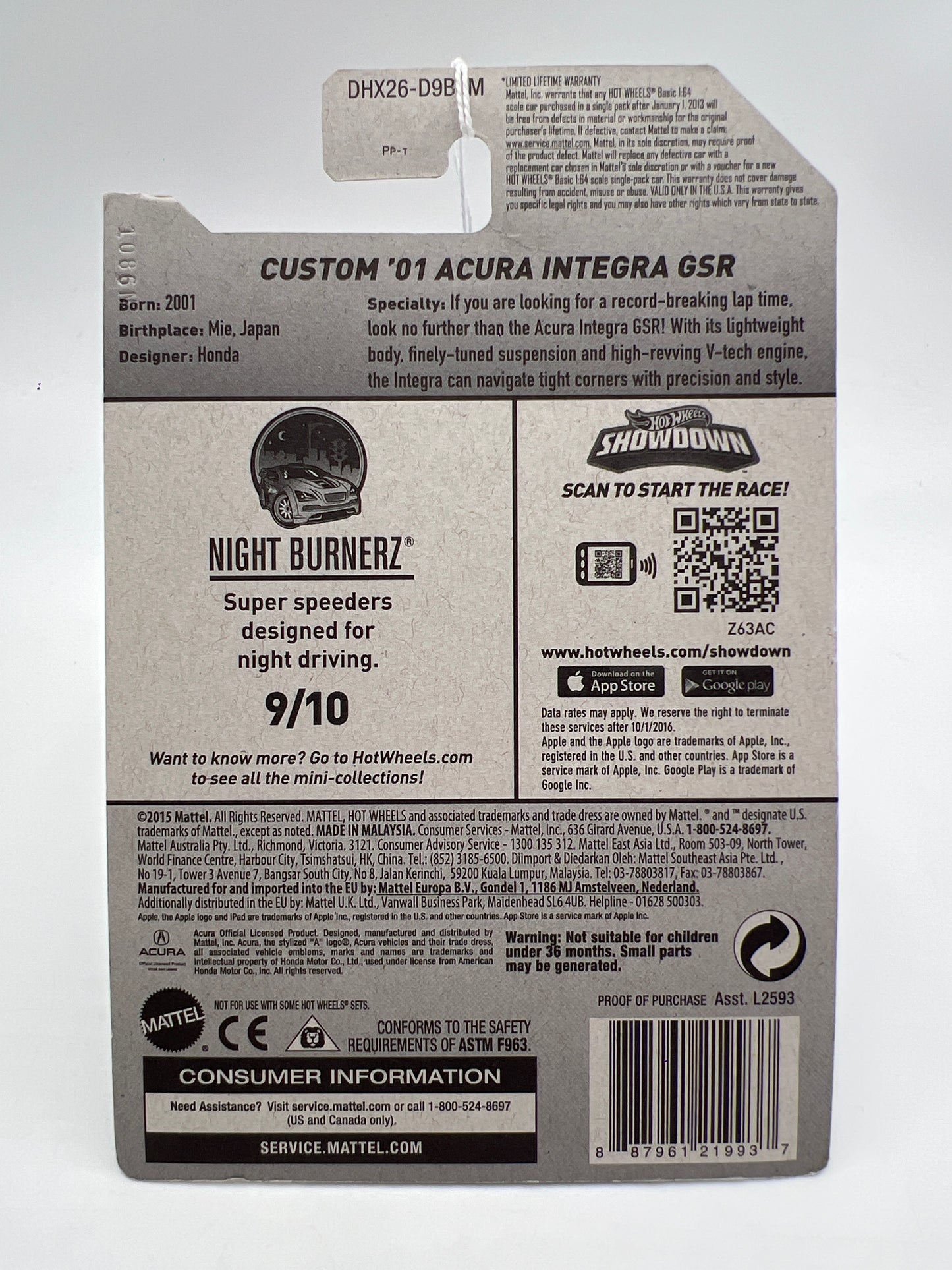 2016 Hot Wheels Night Burnerz #89 Custom 01 Acura Integra GSR White 82A