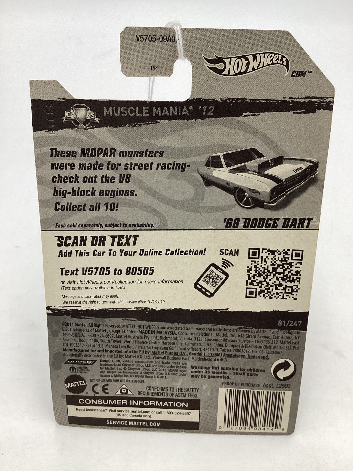 2012 Hot Wheels Muscle Mania Mopar #81 68 Dodge Dart Silver 36D