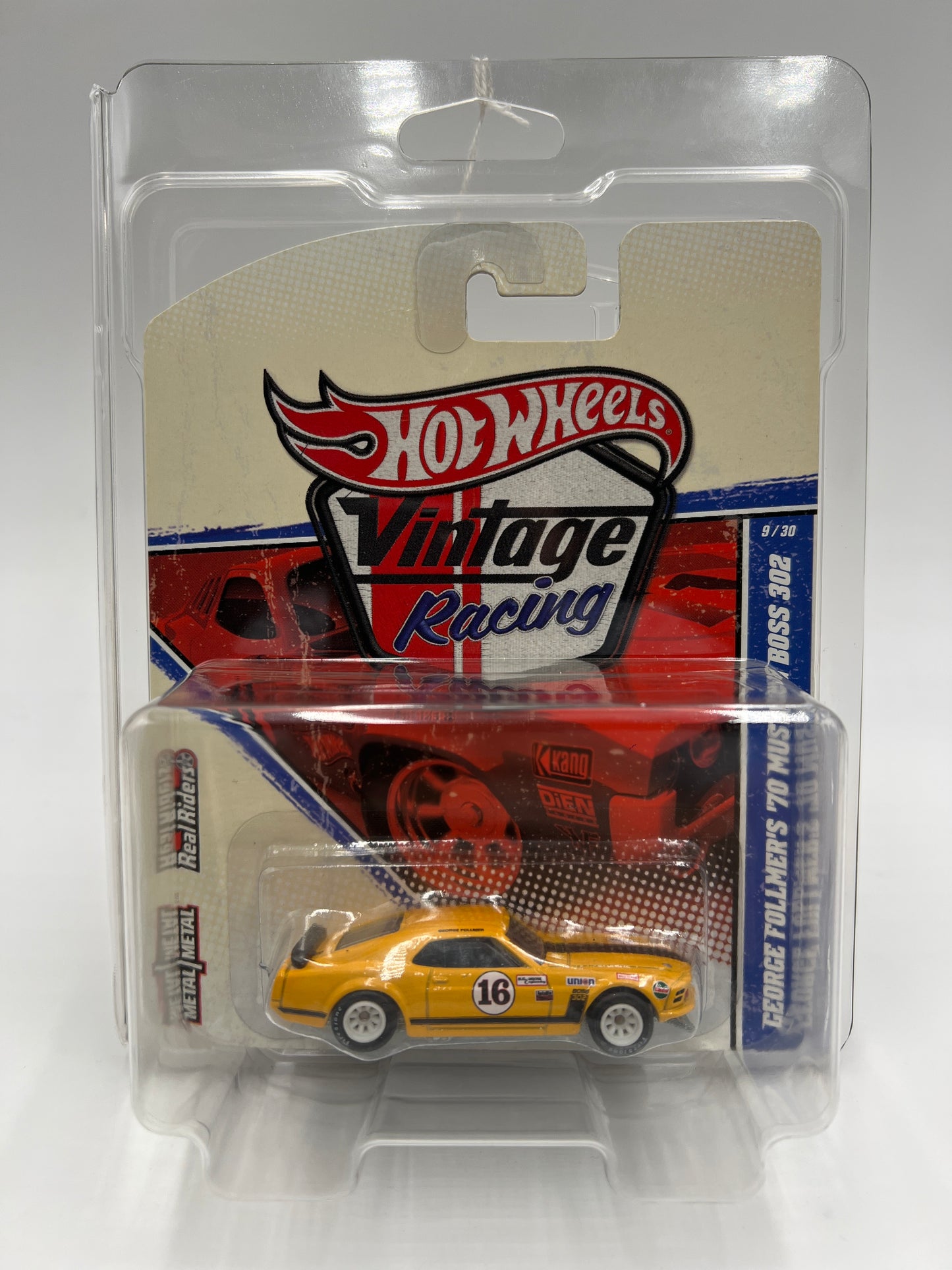 Hot Wheels Premium Vintage Racing #9 George Follmers 70 Mustang Boss 302 Yellow W/Protector