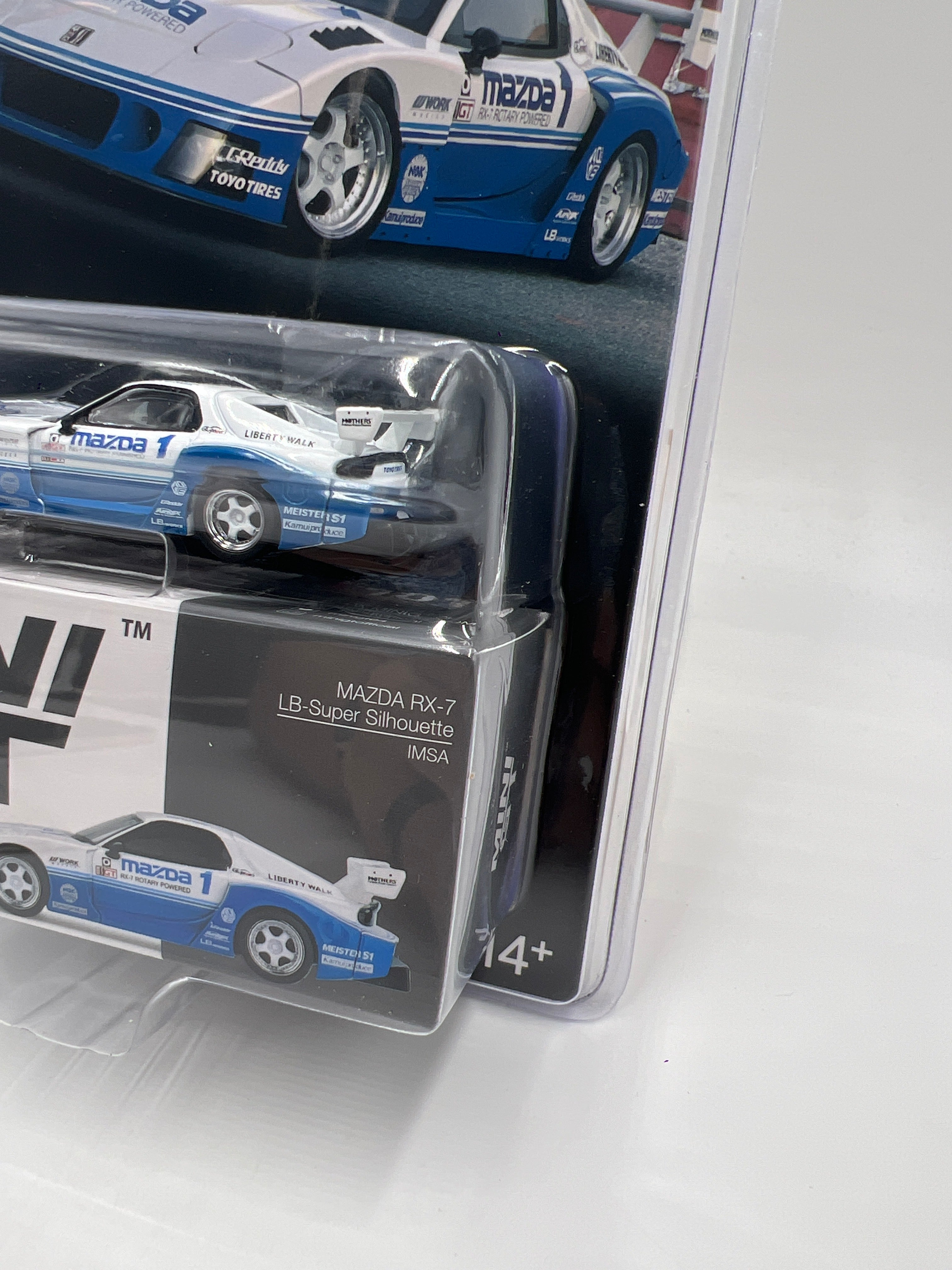 Mini GT #1011 Mazda RX-7 LB-Super Silhouette IMSA White/Blue 234E