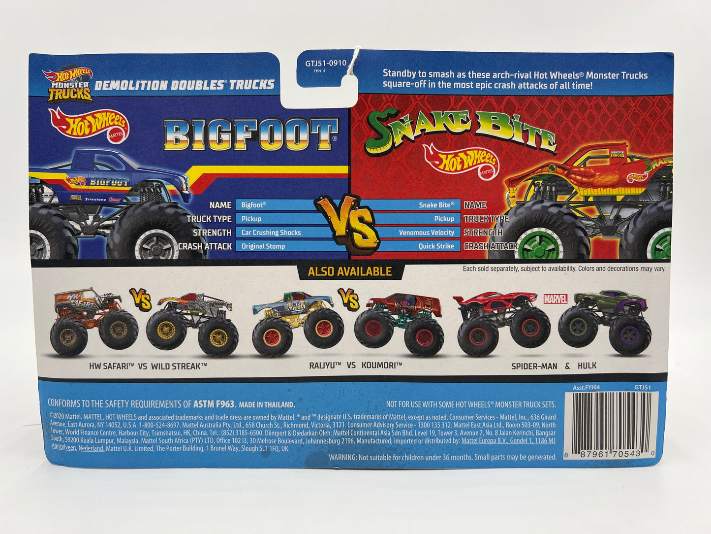 2021 Hot Wheels Monster Trucks Demolition Doubles Bigfoot Vs Snake Bite Cracked Blister
