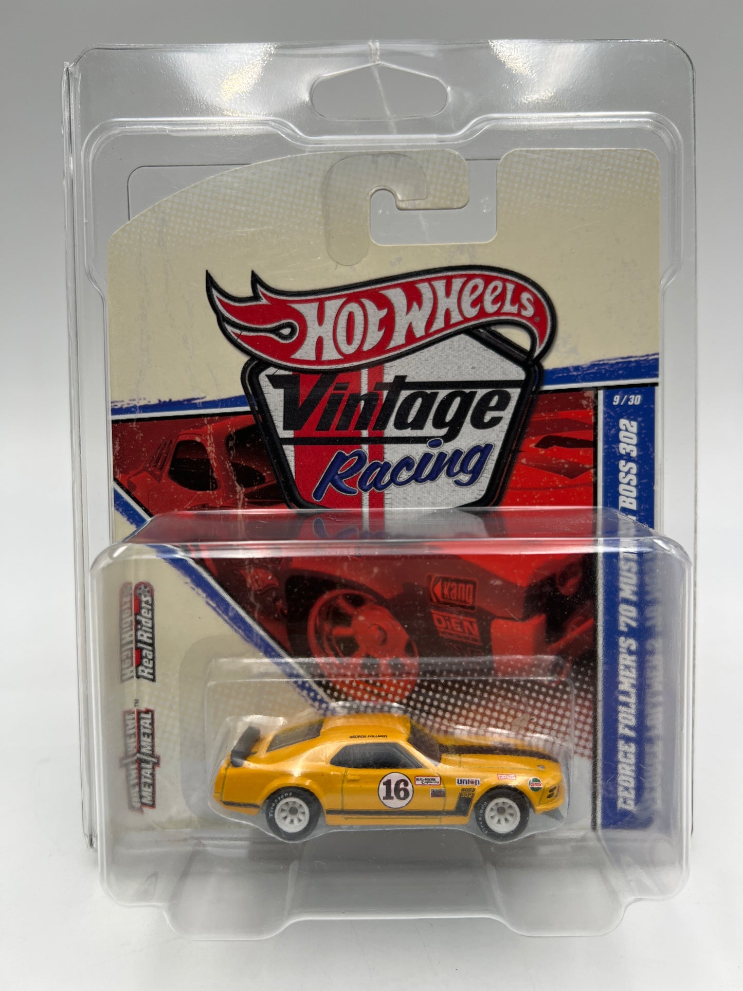 Hot Wheels Premium Vintage Racing #9 George Follmers 70 Mustang Boss 302 Yellow W/Protector