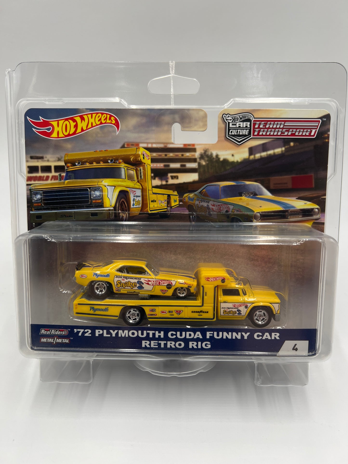Hot Wheels Car Culture Team Transport #4 72 Plymouth Cuda Funny Car Snake & Retro Rig W/Protector