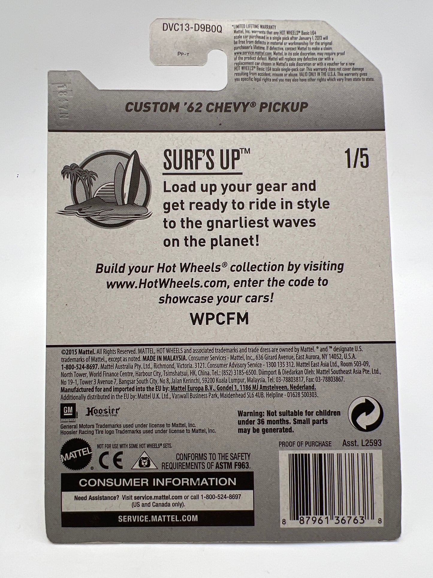 2017 Hot Wheels Factory Sealed Surfs Up #348 Custom 62 Chevy Pickup White W/Protector