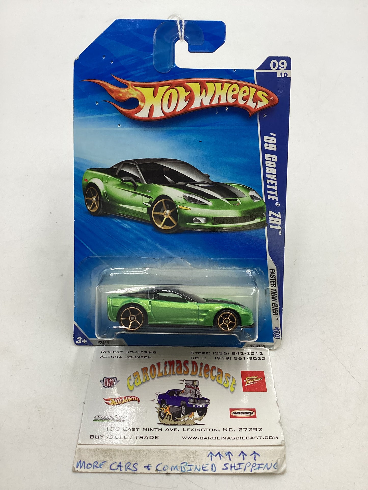 2009 Hot Wheels #135 09 Corvette ZR1 Green Pin Holes in Card 18D