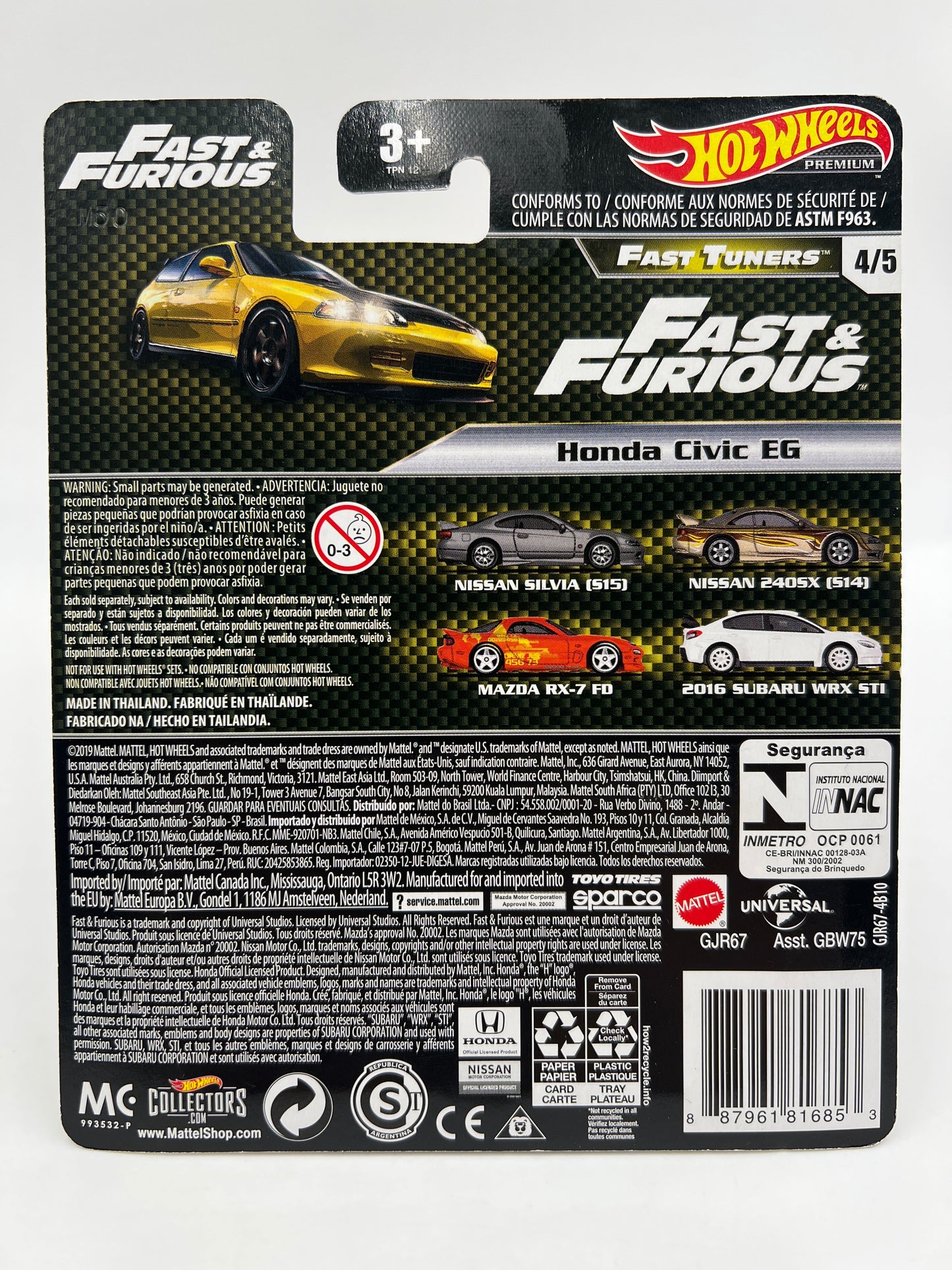 Hot Wheels Premium Fast & Furious Fast Tuners #4 Honda Civic EG Yellow W/Protector Cracked Blister