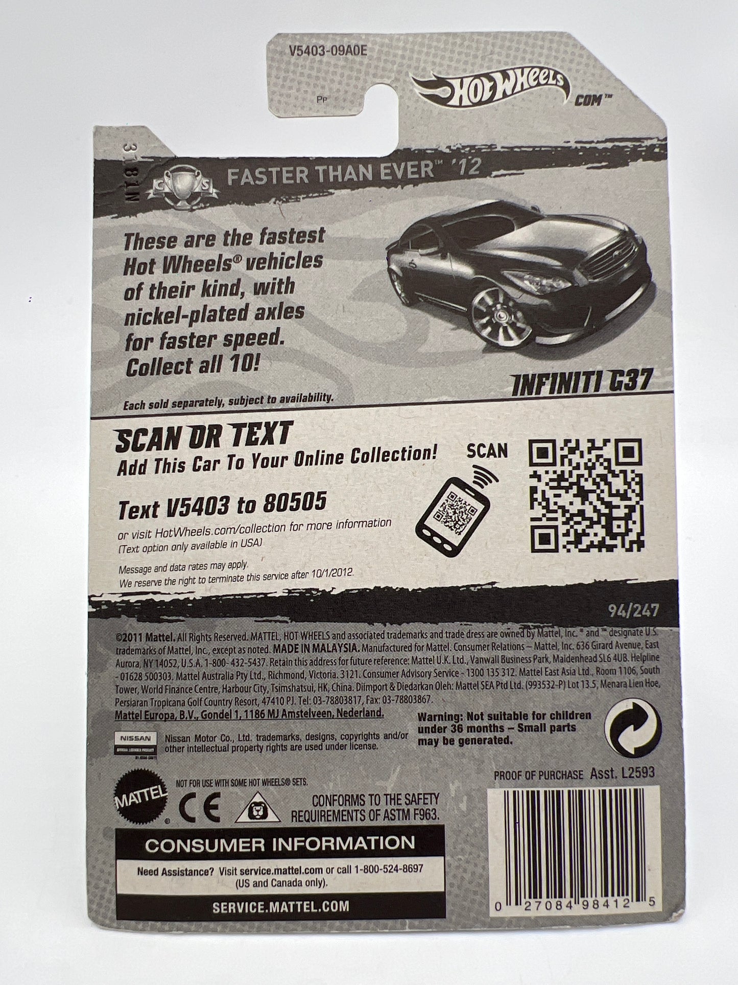 2012 Hot Wheels Faster Than Ever #94 Infiniti G37 Black FTE2 W/Protector