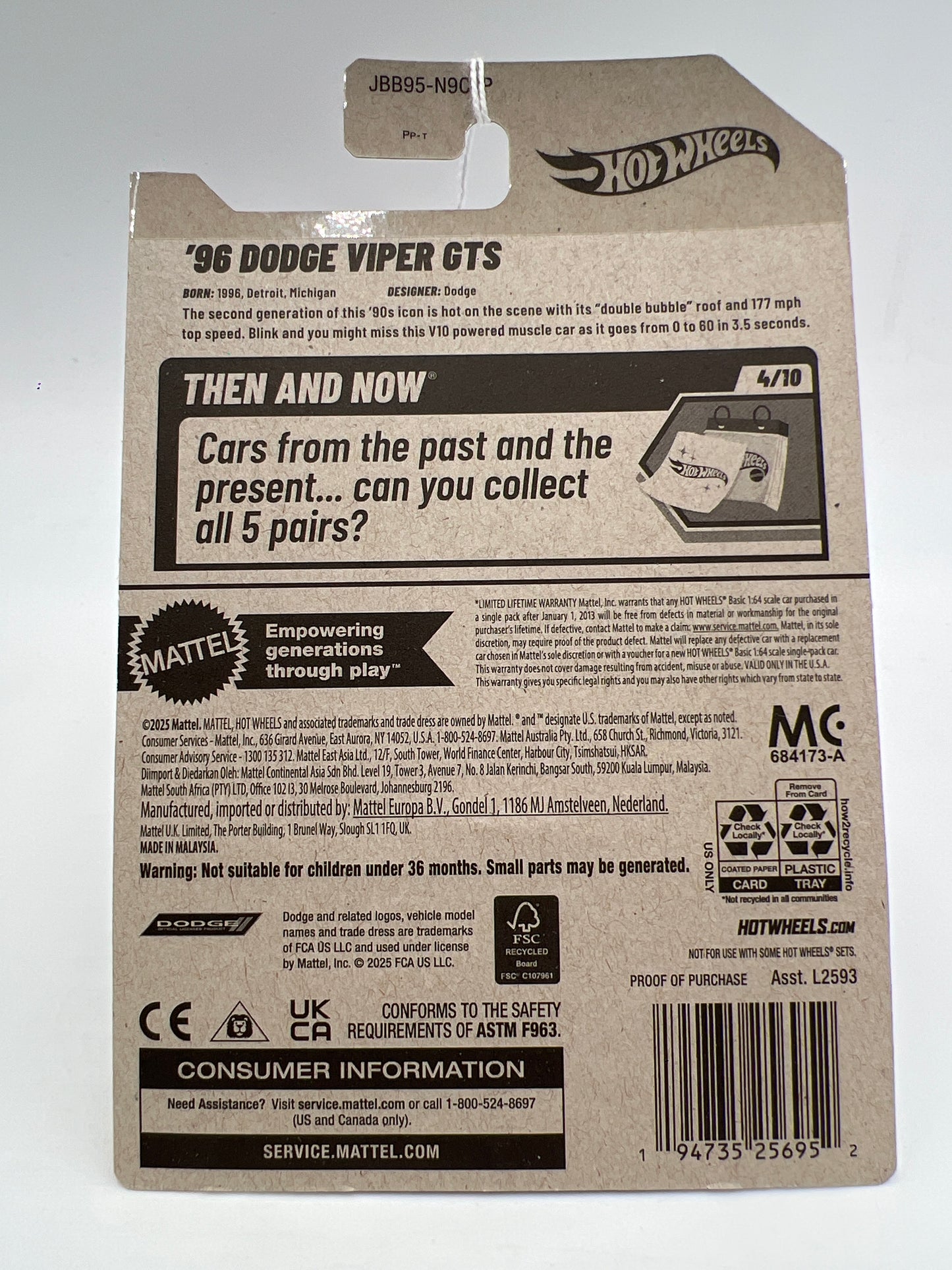 2025 Hot Wheels P Case Then And Now #176 96 Dodge Viper GTS Yellow 53D