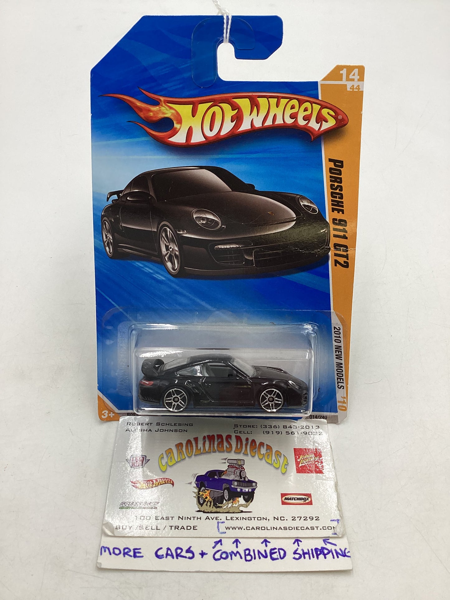 2010 Hot Wheels #014 Black Porsche 911 GT2 *Creased Card*