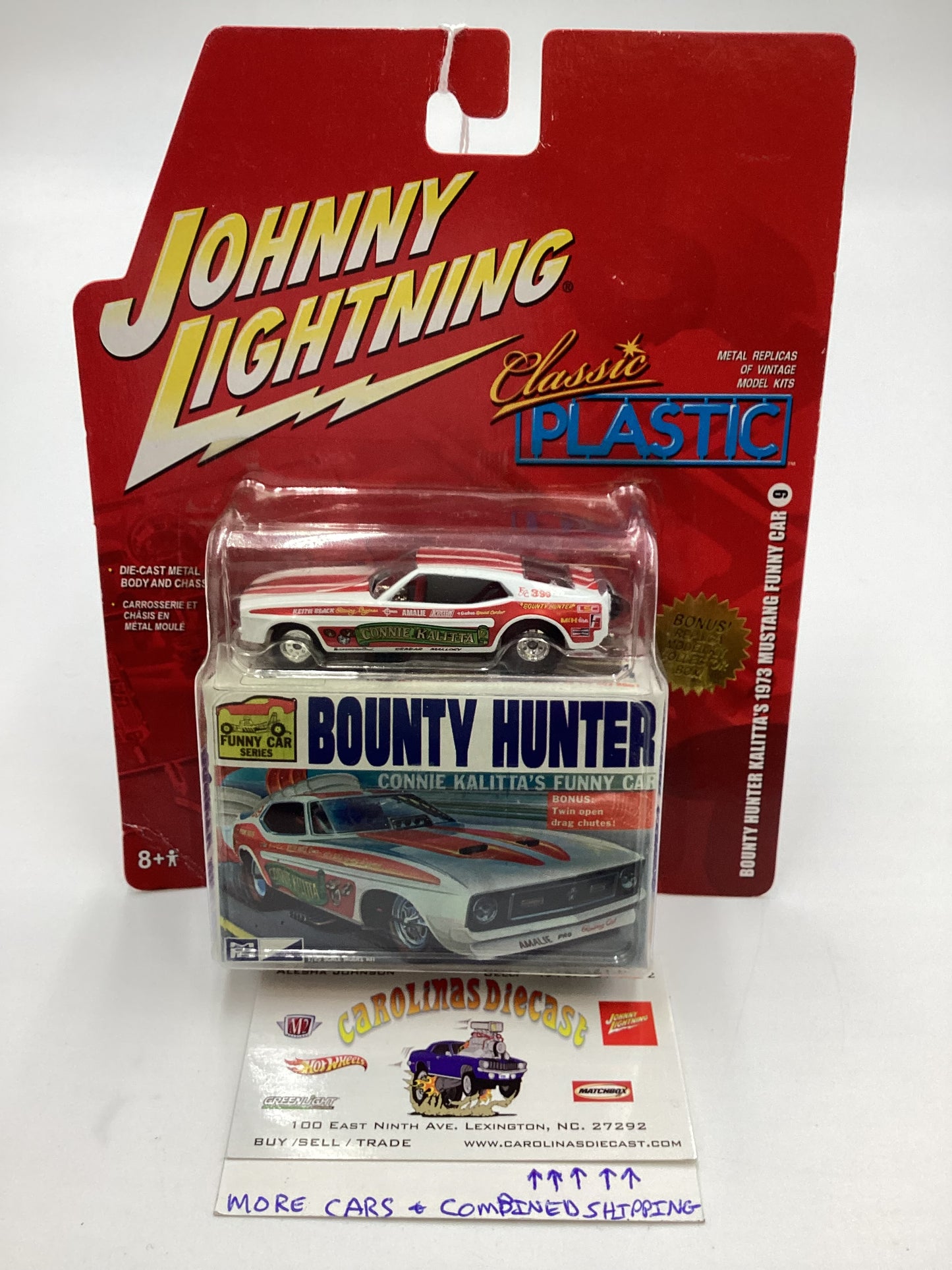 Johnny lightning Classic Plastic #9 Bounty Hunter Kalittas 73 Mustang Funny Car White 231D