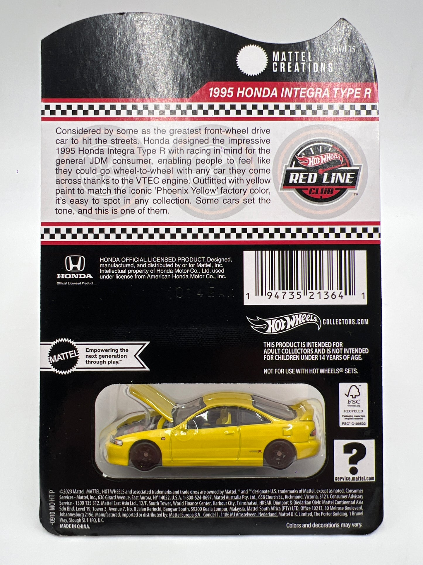 Hot Wheels RLC 1995 Honda Integra Type R Yellow W/Protector