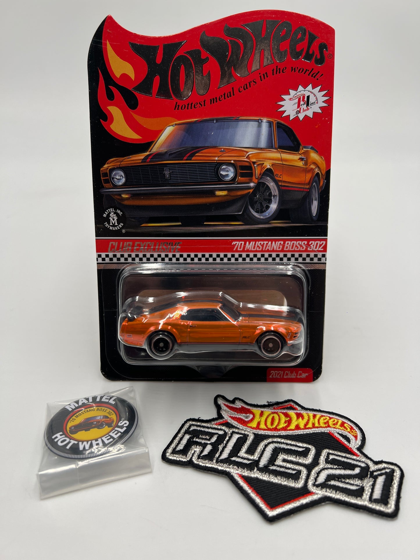 2021 Hot Wheels RLC Club Car 70 Mustang Boss 302 Orange Club In Protector W/Patch & Button