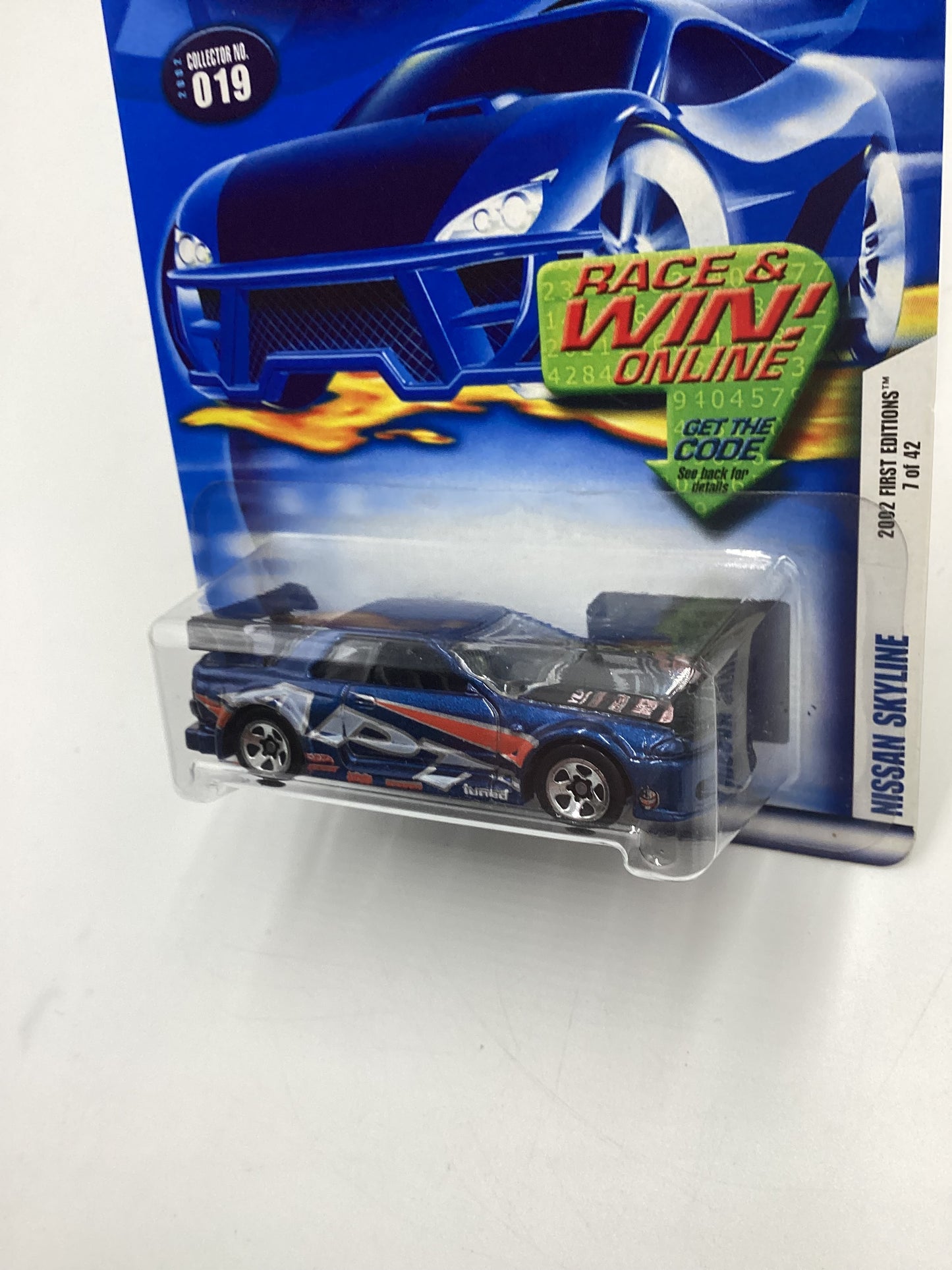 2002 Hot Wheels First Editions Collector #019 Nissan Skyline Blue 5SP Wheels Race and Win Card SR