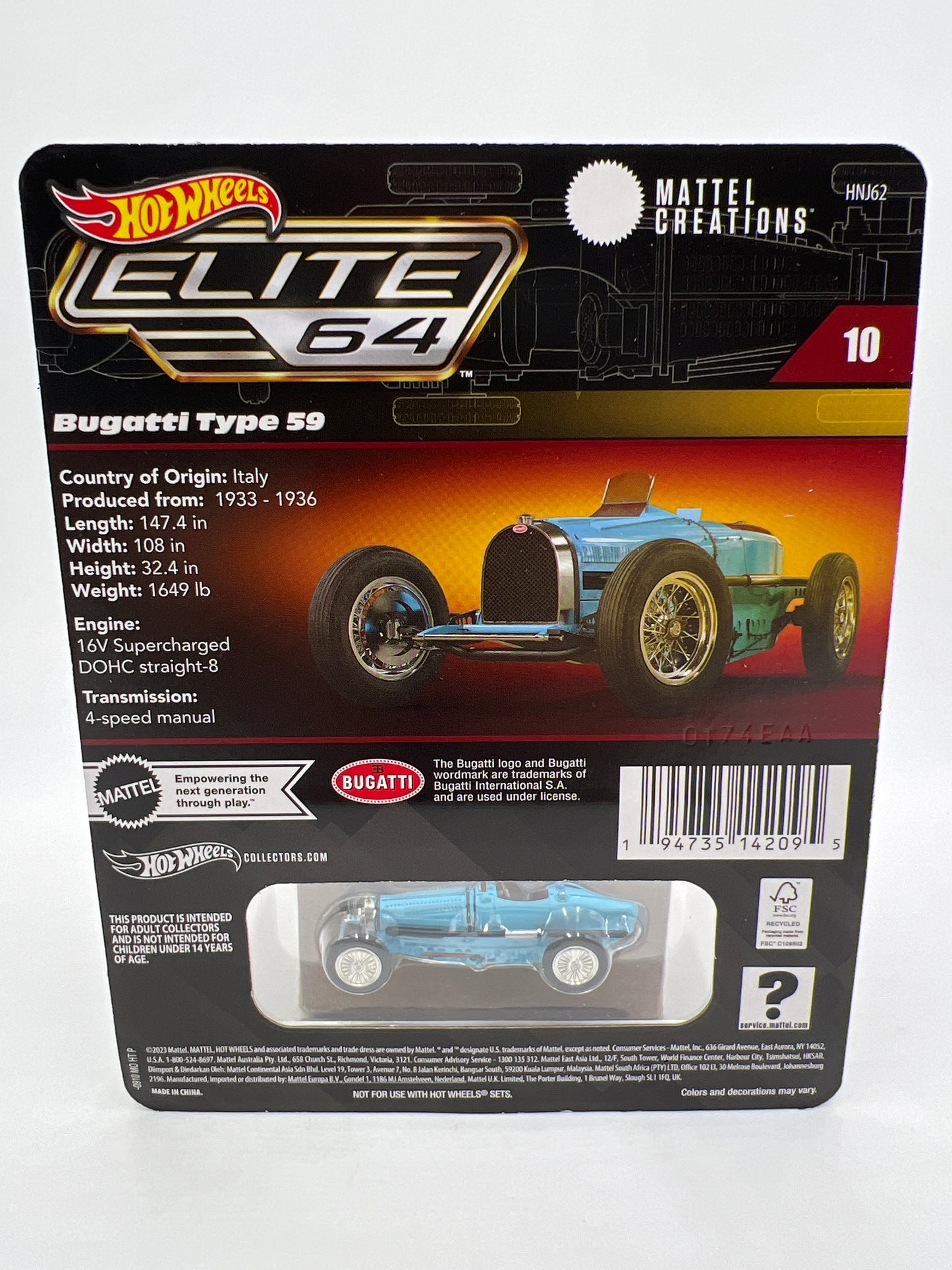 Hot Wheels RLC Elite 64 #10 Bugatti Type 59 Light Blue W/Protector