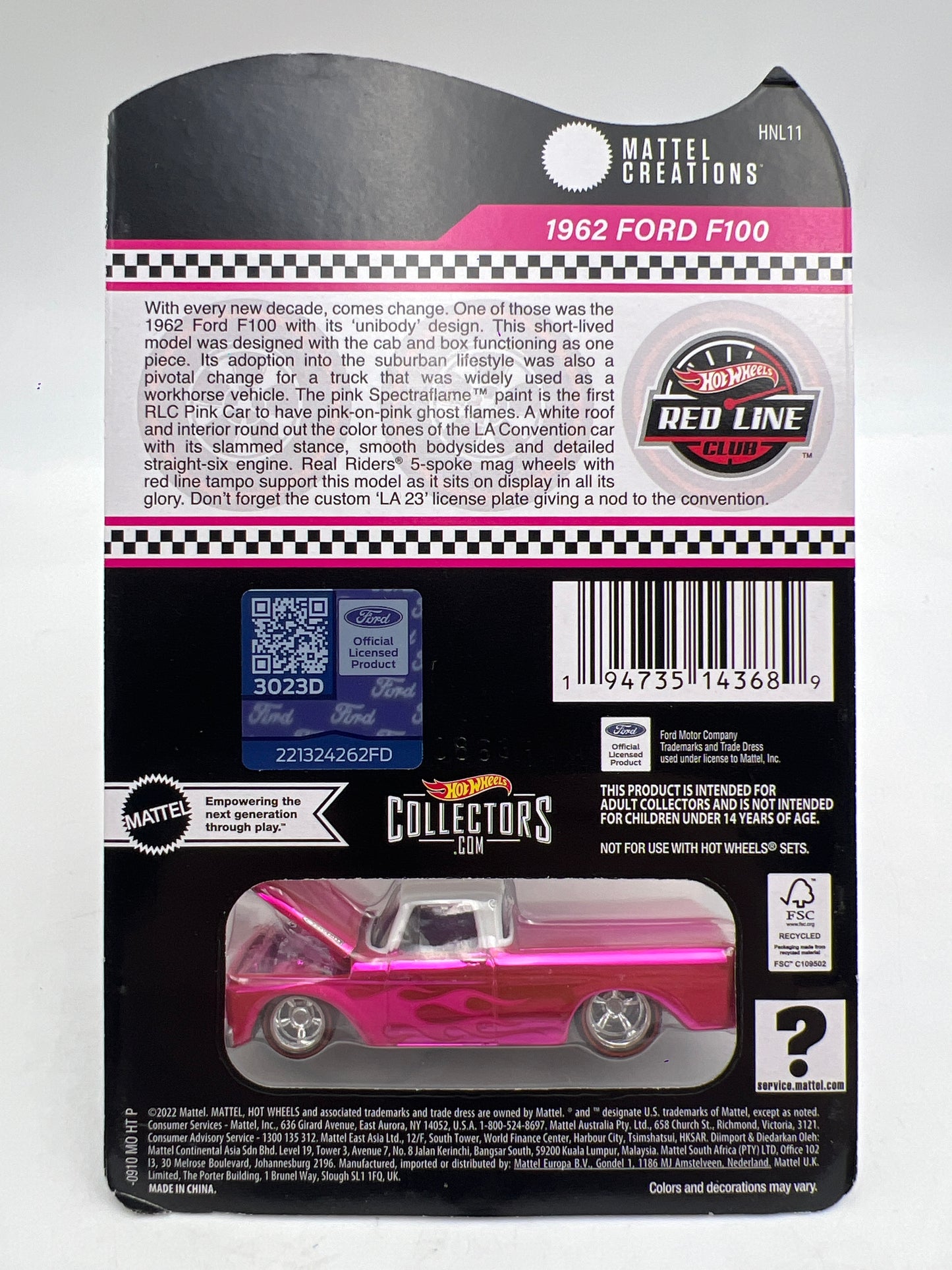 2023 Hot Wheels RLC Club Exclusive 1962 Ford F-100 Pink W/Protector