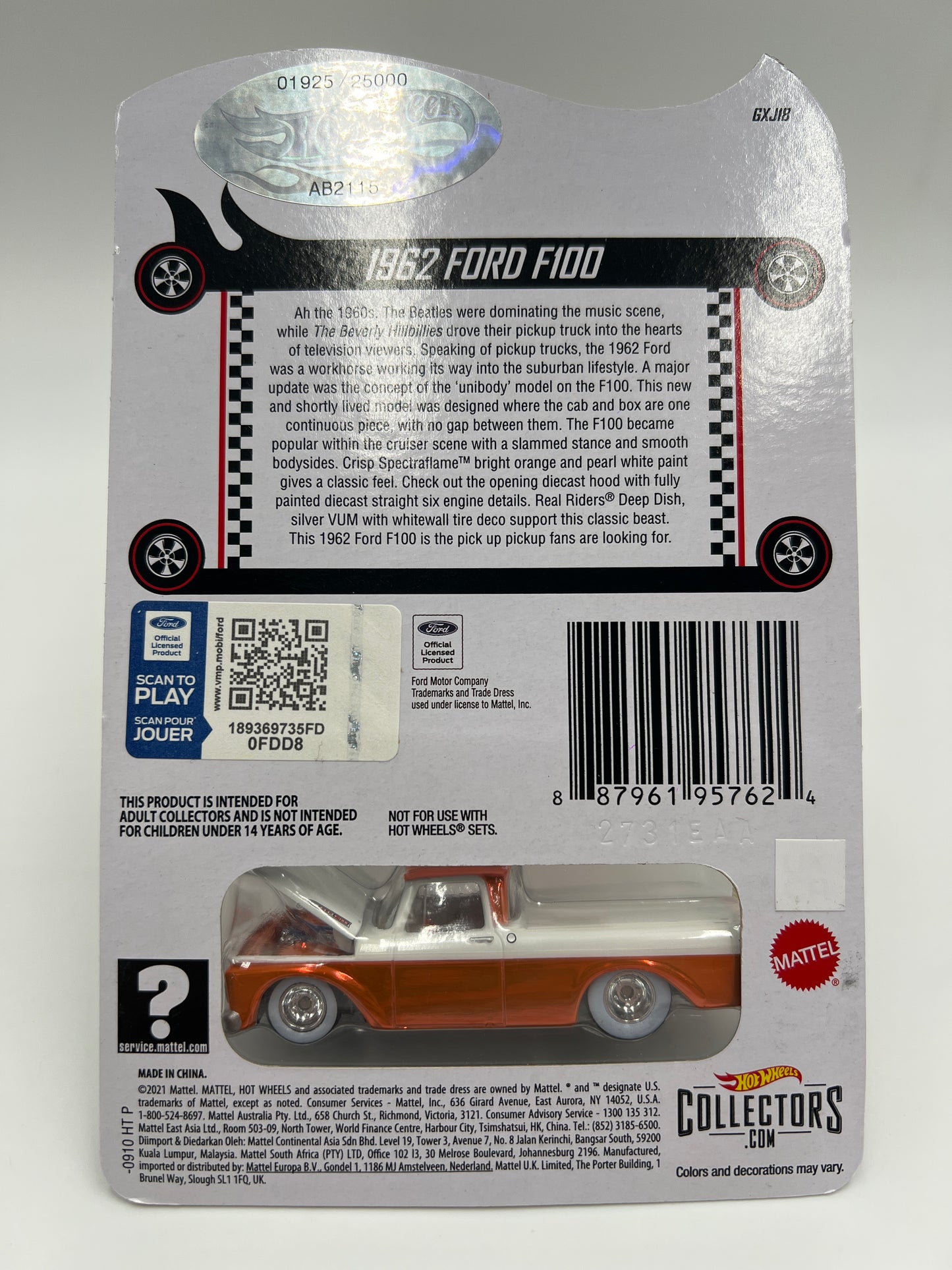 Hot Wheels RLC #1925/25000 1962 Ford F100 Orange/White W/Protector