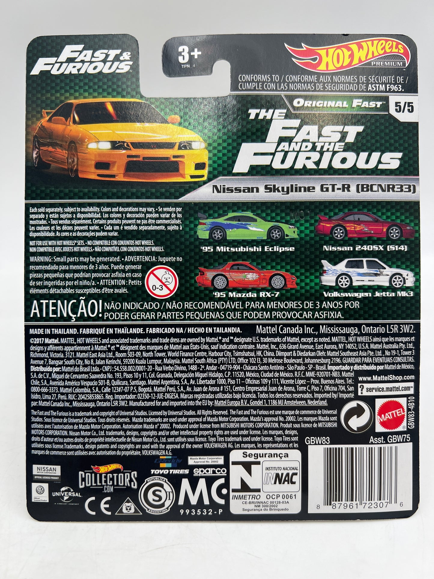 Hot Wheels Fast & Furious Original Fast #5 Nissan Skyline GT-R BCNR33 Yellow W/Protector