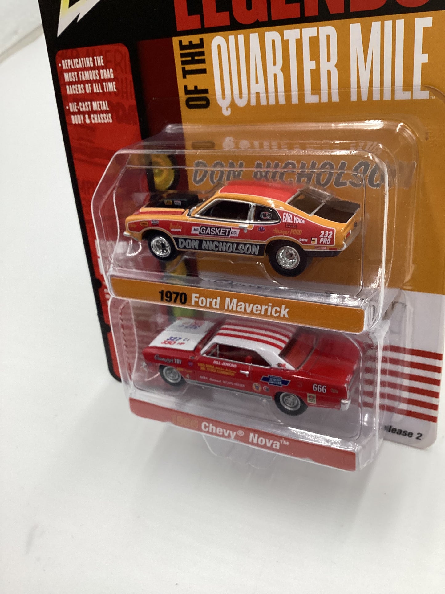 Johnny Lightning Legends of the Quarter Mile Release 2 Version B 1970 Ford Maverick Don Nicholson 1966 Chevy Nova Grumpys Toy 231B