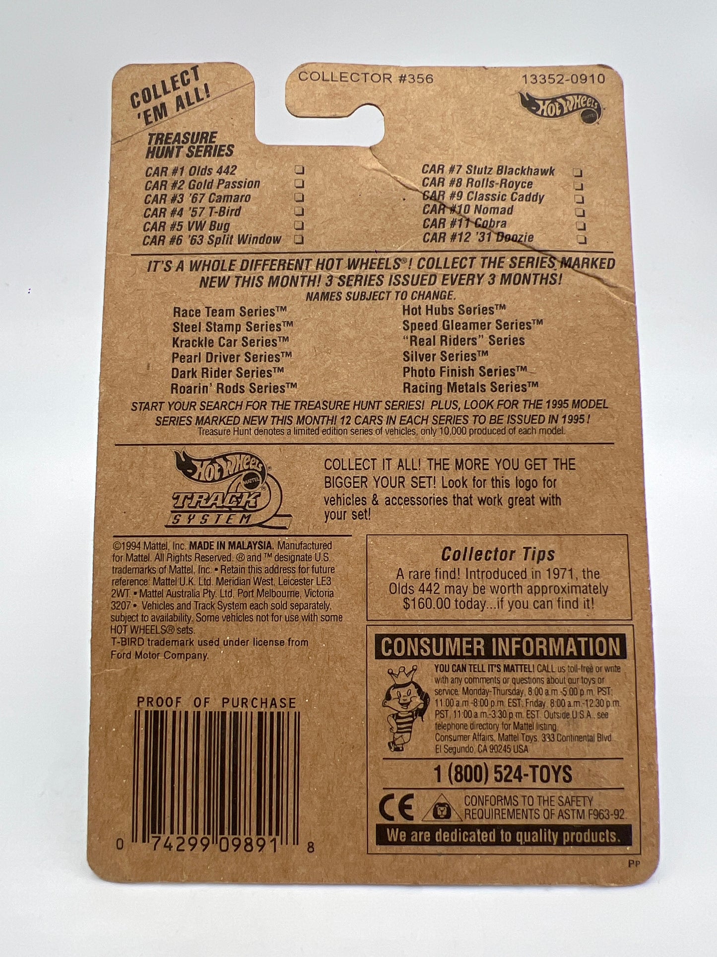 1995 Hot Wheels Treasure Hunt Series #4 Real Riders 57 T-Bird W/Protector Card Has Wrinkles