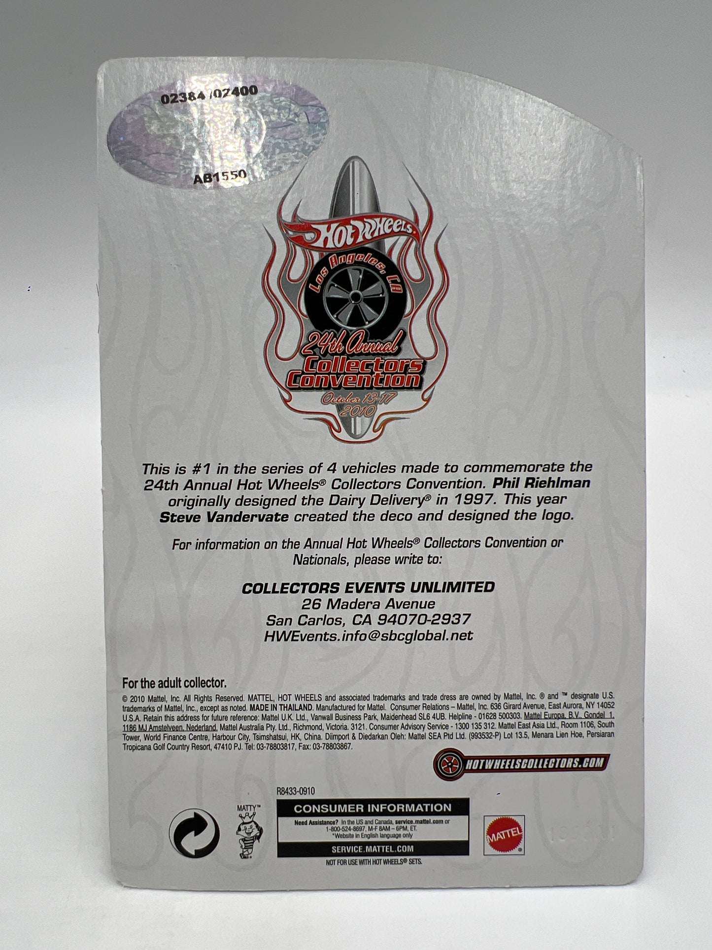 2010 Hot Wheels 24th Annual Collectors Convention LA #2384/2400 Dairy Delivery W/Protector