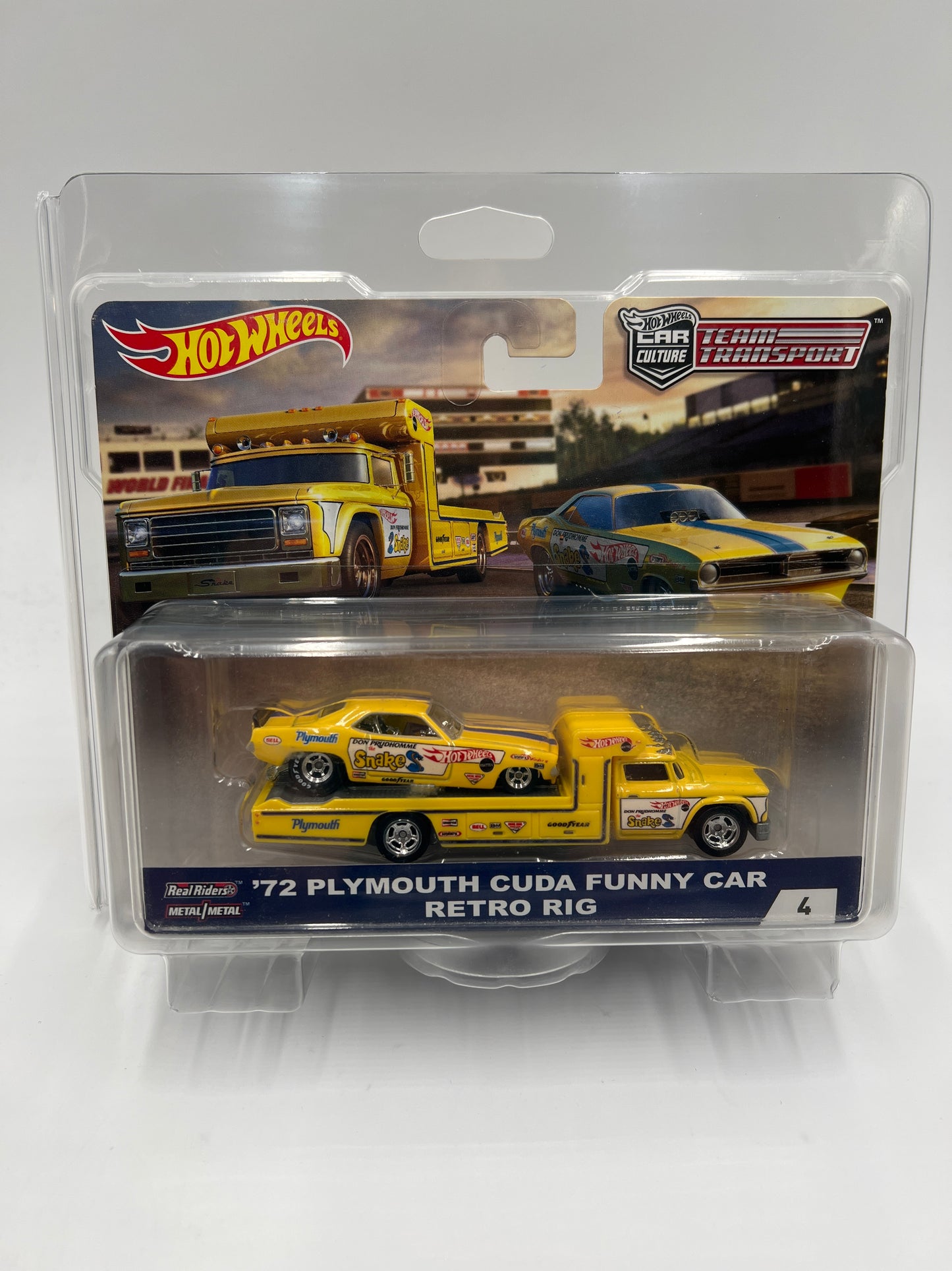 Hot Wheels Car Culture Team Transport #4 72 Plymouth Cuda Funny Car Snake & Retro Rig W/Protector Cracked Blister