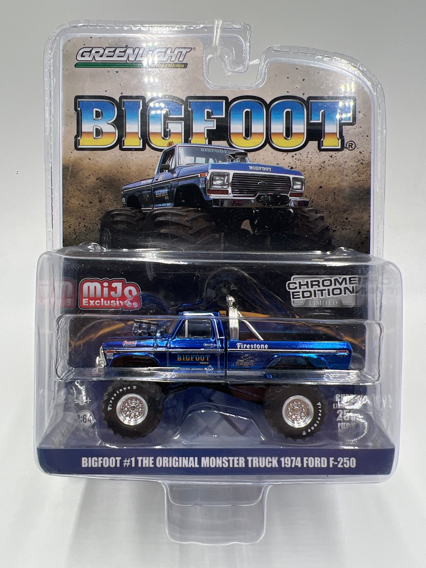 Greenlight MiJo Exclusives Chrome Edition Bigfoot #1 The Original Monster Truck 1974 Ford F-250 Blue
