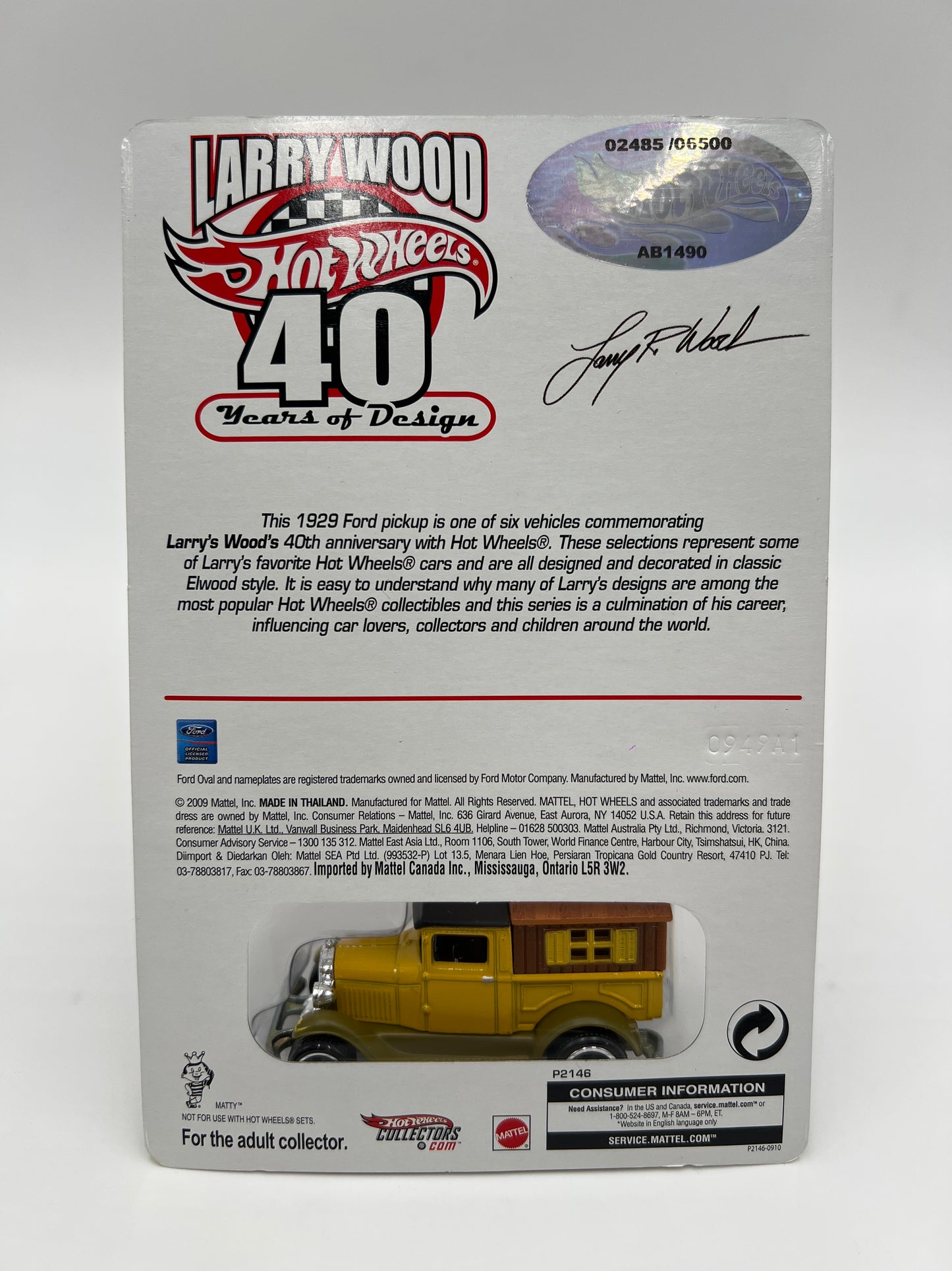 Hot Wheels Larry Wood 40 Years Of Design #2485/6500 1929 Ford Pickup Yellow W/Protector