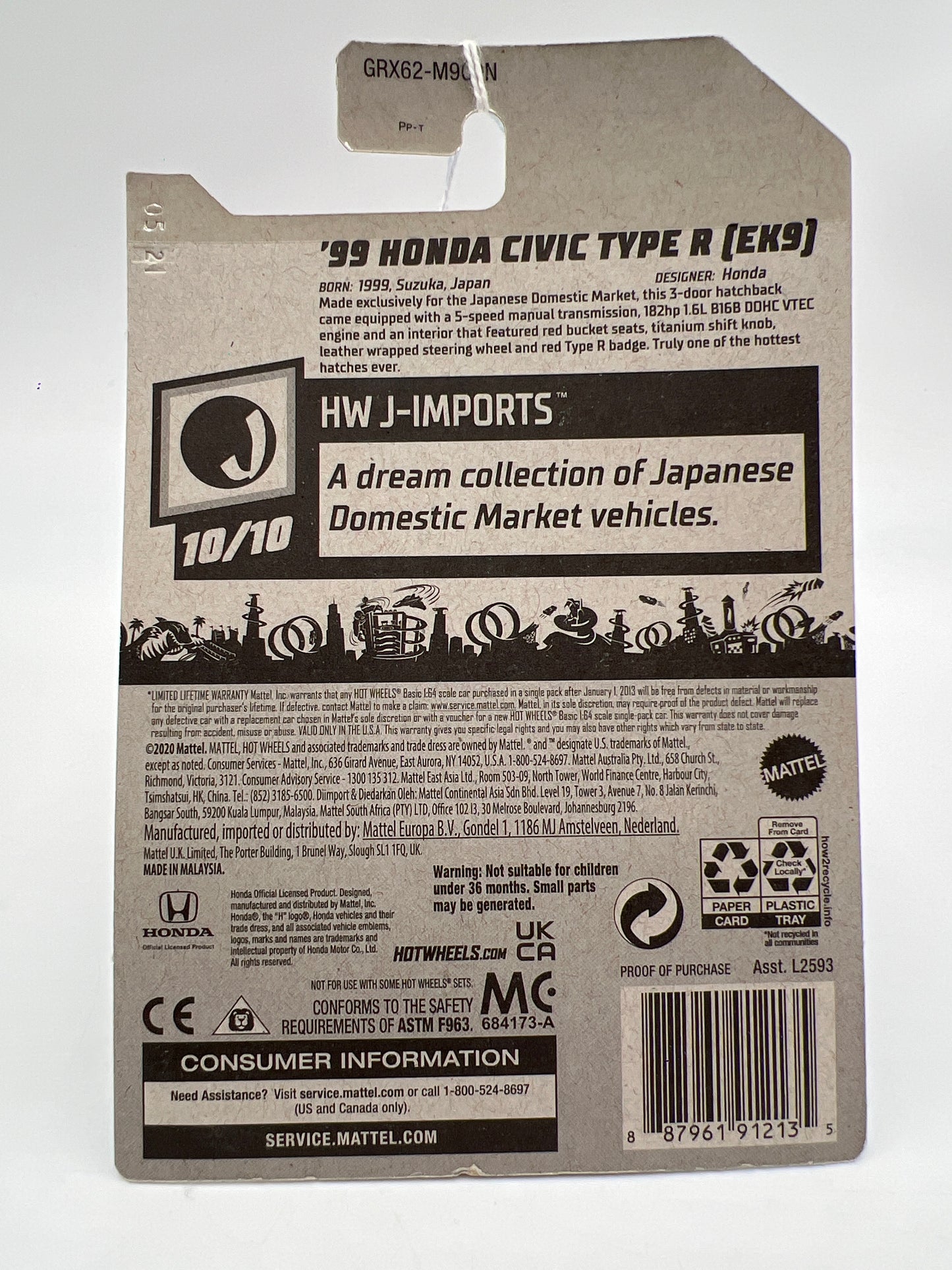 2021 Hot Wheels J-Imports #214 99 Honda Civic Type R EK9 White 75C