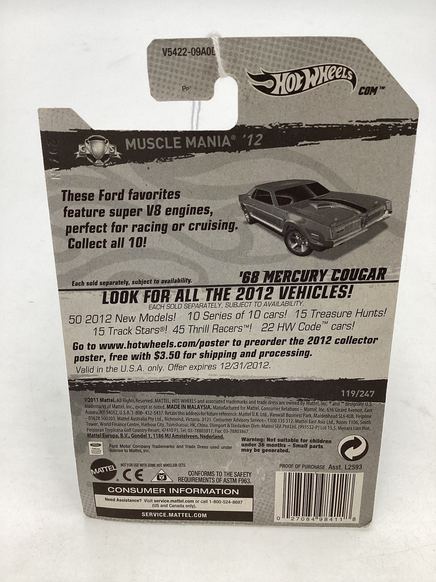 2012 Hot Wheels Muscle Mania Ford #119 68 Mercury Cougar Blue (5SP Wheels) 40D